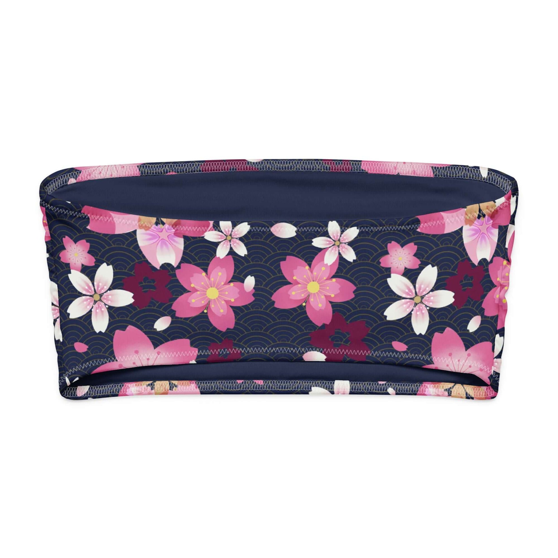 Sakura bandeau bikini top featuring beautiful pink floral print on a navy background for style and comfort.
