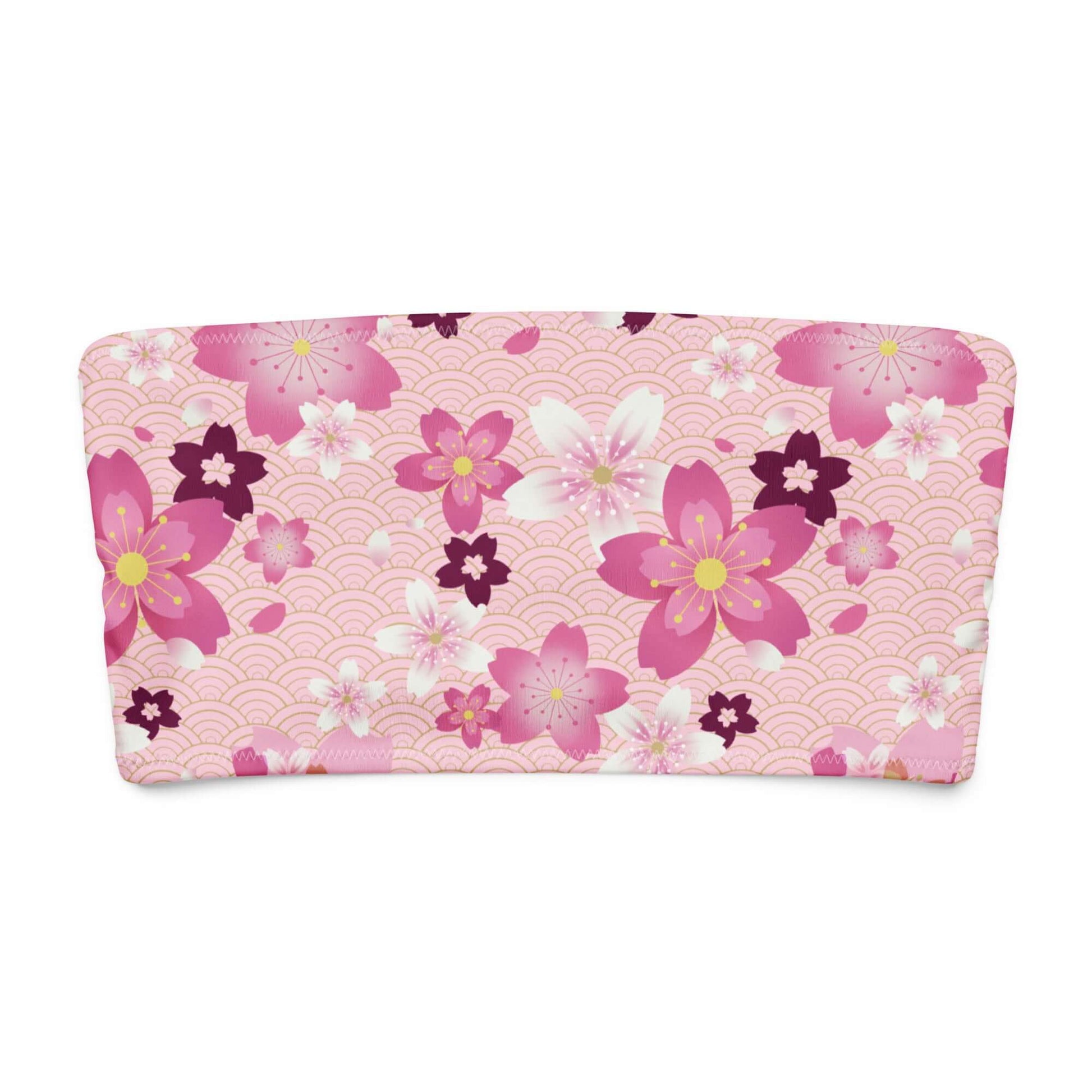 Sakura bandeau bikini top featuring a vibrant pink floral design with cherry blossoms and waves.
