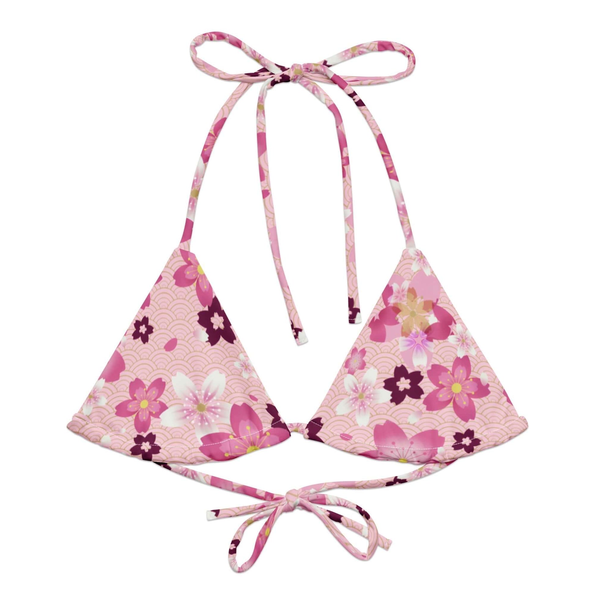 Sakura Padded String Bikini Top features a vibrant floral design, perfect for eco-friendly summer styling.