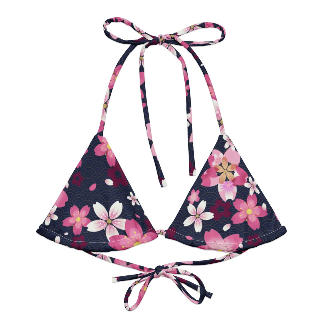 Sakura Padded String Bikini Top features vibrant floral print, eco-friendly materials, and adjustable straps for summer style.