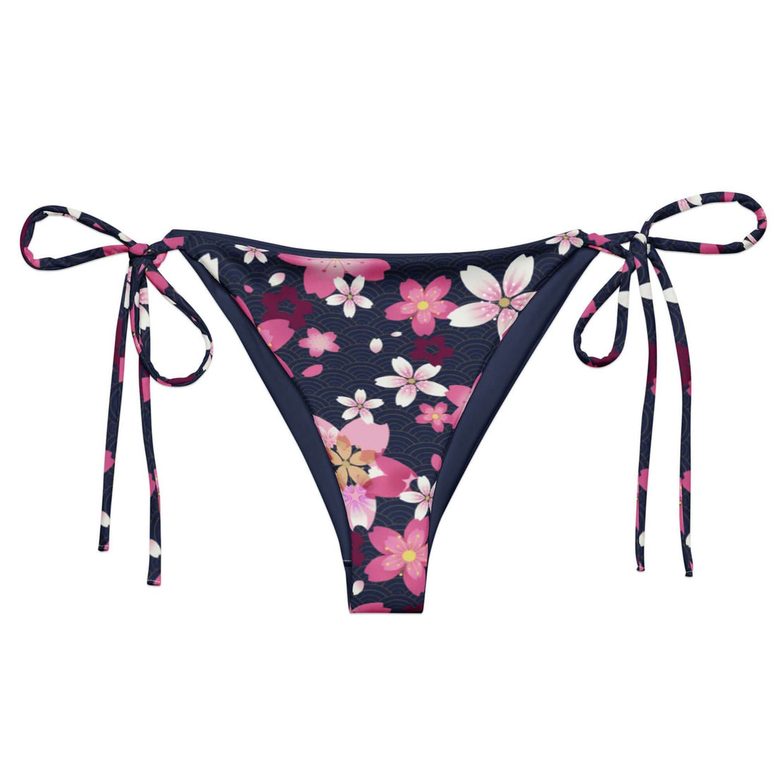 Sakura String Bikini Bottom features a floral design with adjustable ties, perfect for summer poolside lounging.