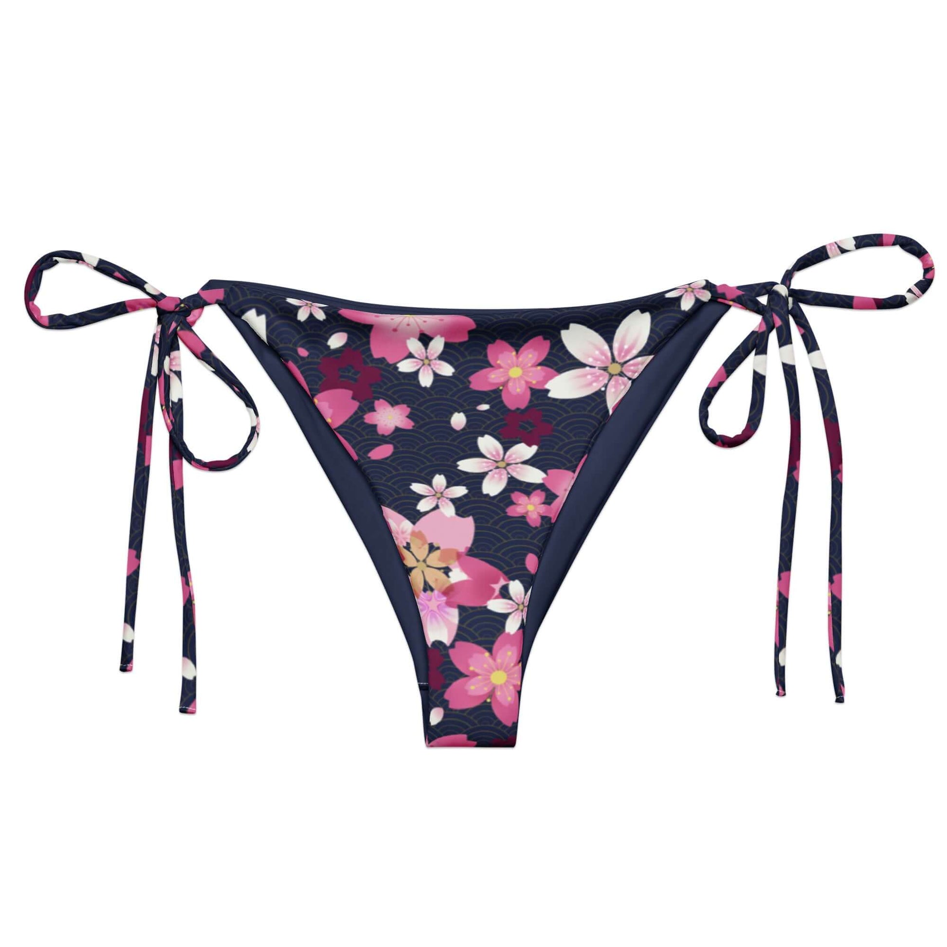 Sakura String Bikini Bottom features a floral design with adjustable ties, perfect for summer poolside lounging.