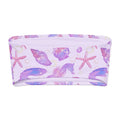Soft purple bandeau bikini top with seashell, starfish, and seahorse patterns, perfect for beachwear and sun protection.