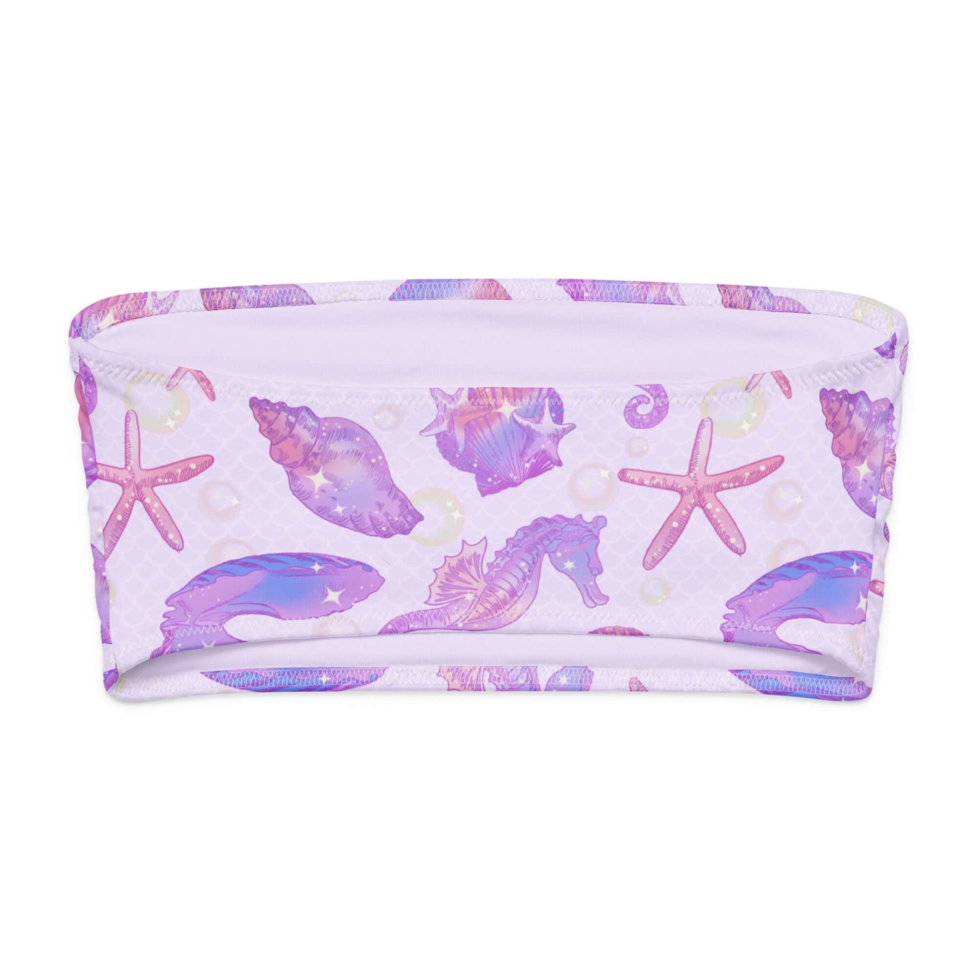 Soft purple bandeau bikini top with seashell, starfish, and seahorse patterns, perfect for beachwear and sun protection.