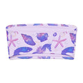 Sea Princess bandeau bikini top featuring vibrant seashell and starfish patterns in purple hues.