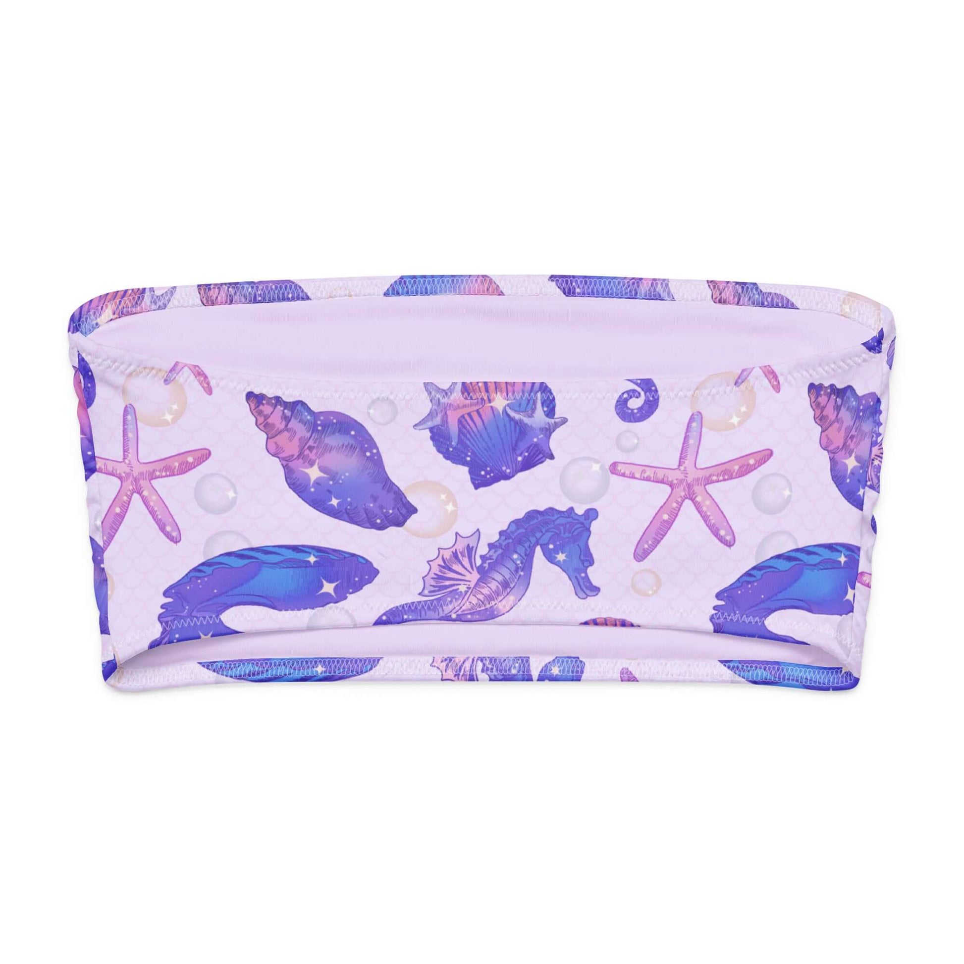 Sea Princess bandeau bikini top featuring vibrant seashell and starfish patterns in purple hues.