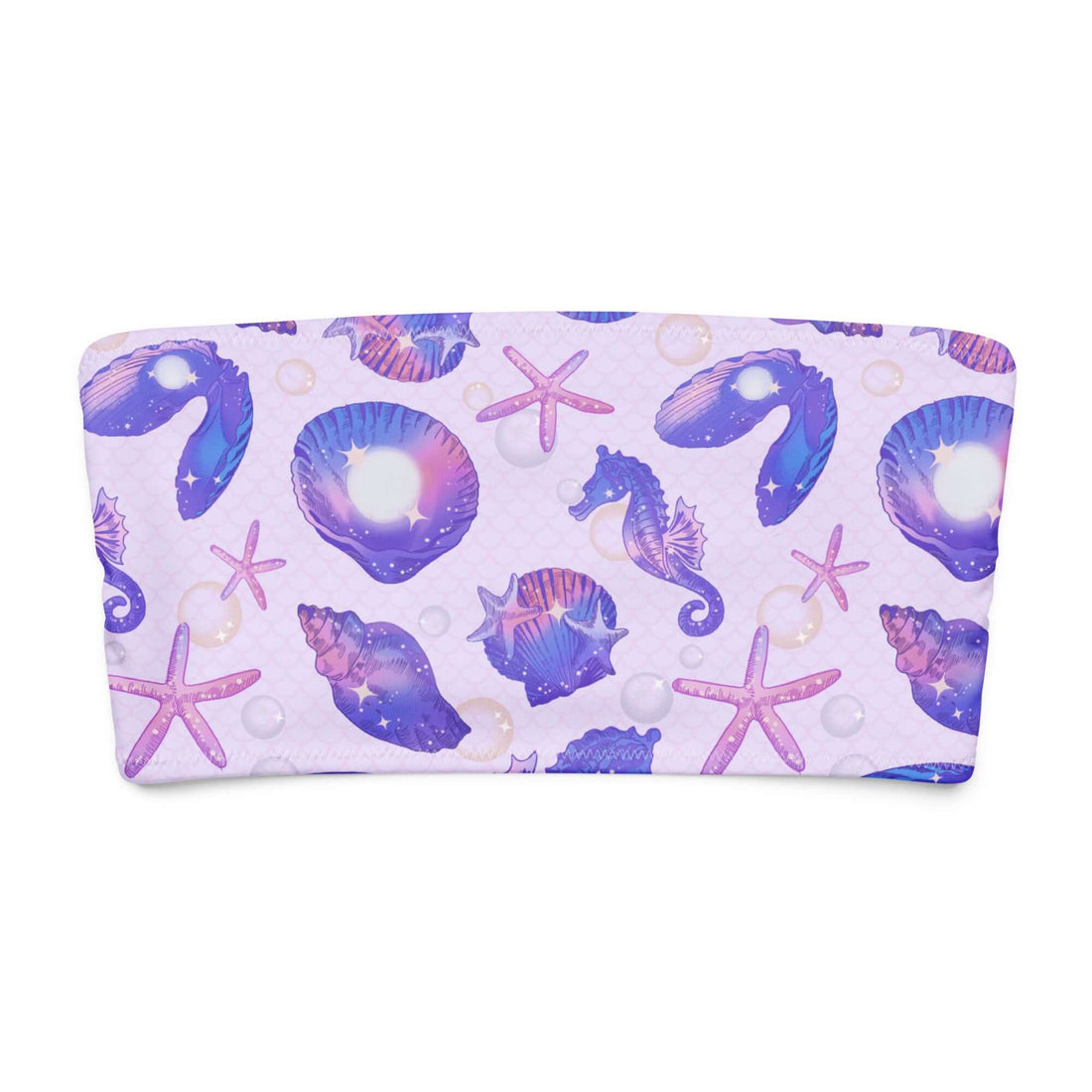 Colorful sea-themed bandeau bikini top featuring shells, seahorses, and starfish on a pastel background.