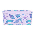 Sea Princess bandeau bikini top featuring colorful seashells, starfish, and seahorses on a soft lavender background.