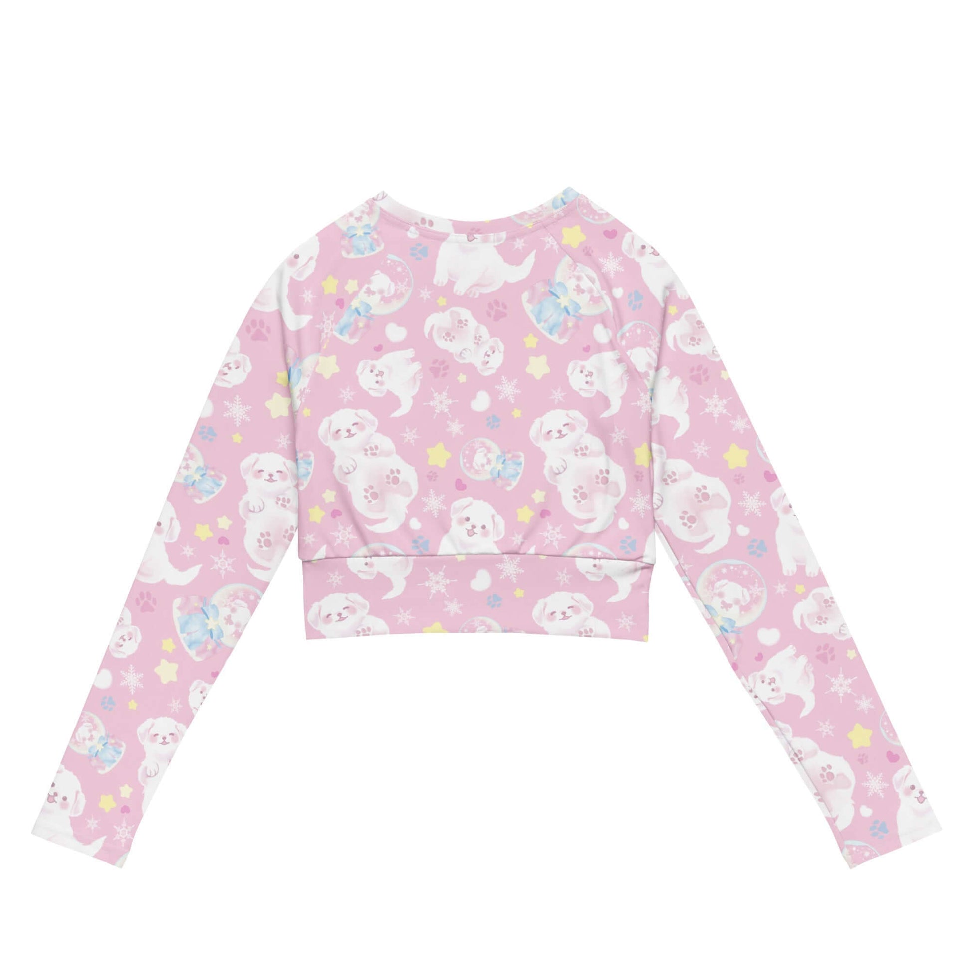 Cute Snow Puppy Long-sleeved Crop Top featuring playful puppy designs, perfect for eco-friendly athleisure wear.