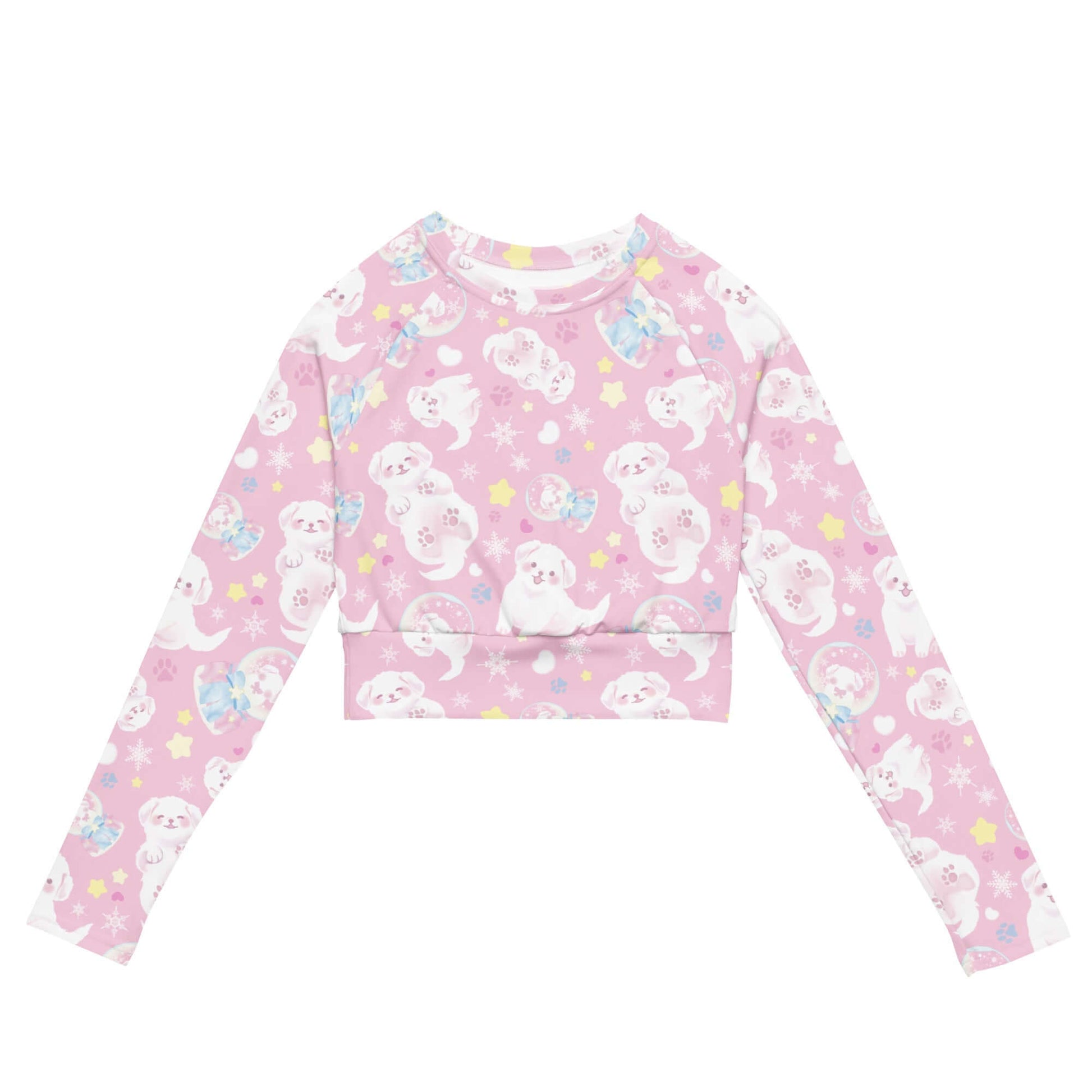 Snow Puppy Long-sleeved Crop Top features a cute design, eco-friendly materials, perfect for athleisure or sports wear.