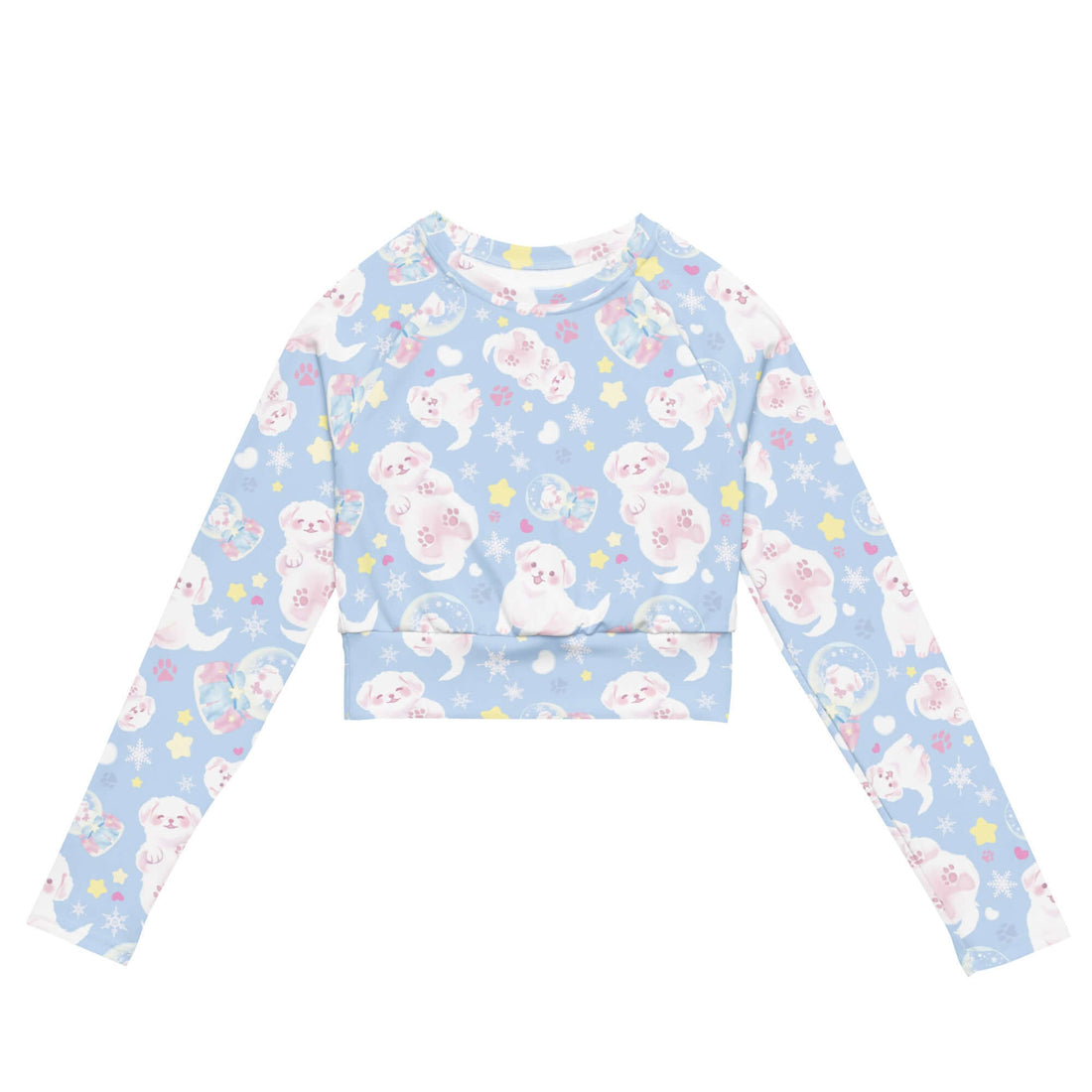 Eco-friendly Snow Puppy Long-sleeved Crop Top in blue, perfect for athleisure, sports, or swim wear.