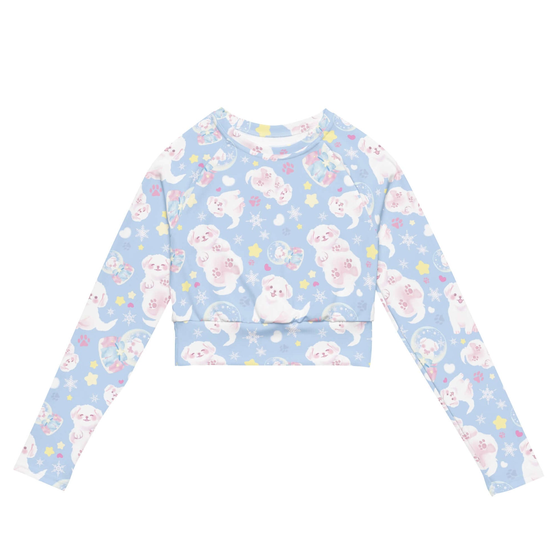 Eco-friendly Snow Puppy Long-sleeved Crop Top in blue, perfect for athleisure, sports, or swim wear.