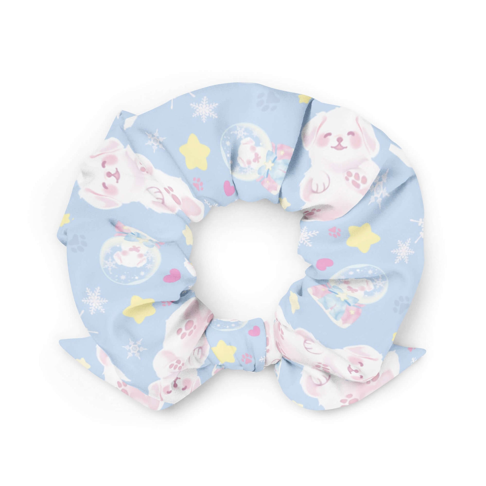 Trendy Snow Puppy Scrunchie featuring cute puppies, perfect for adding charm to any pastel outfit or style.