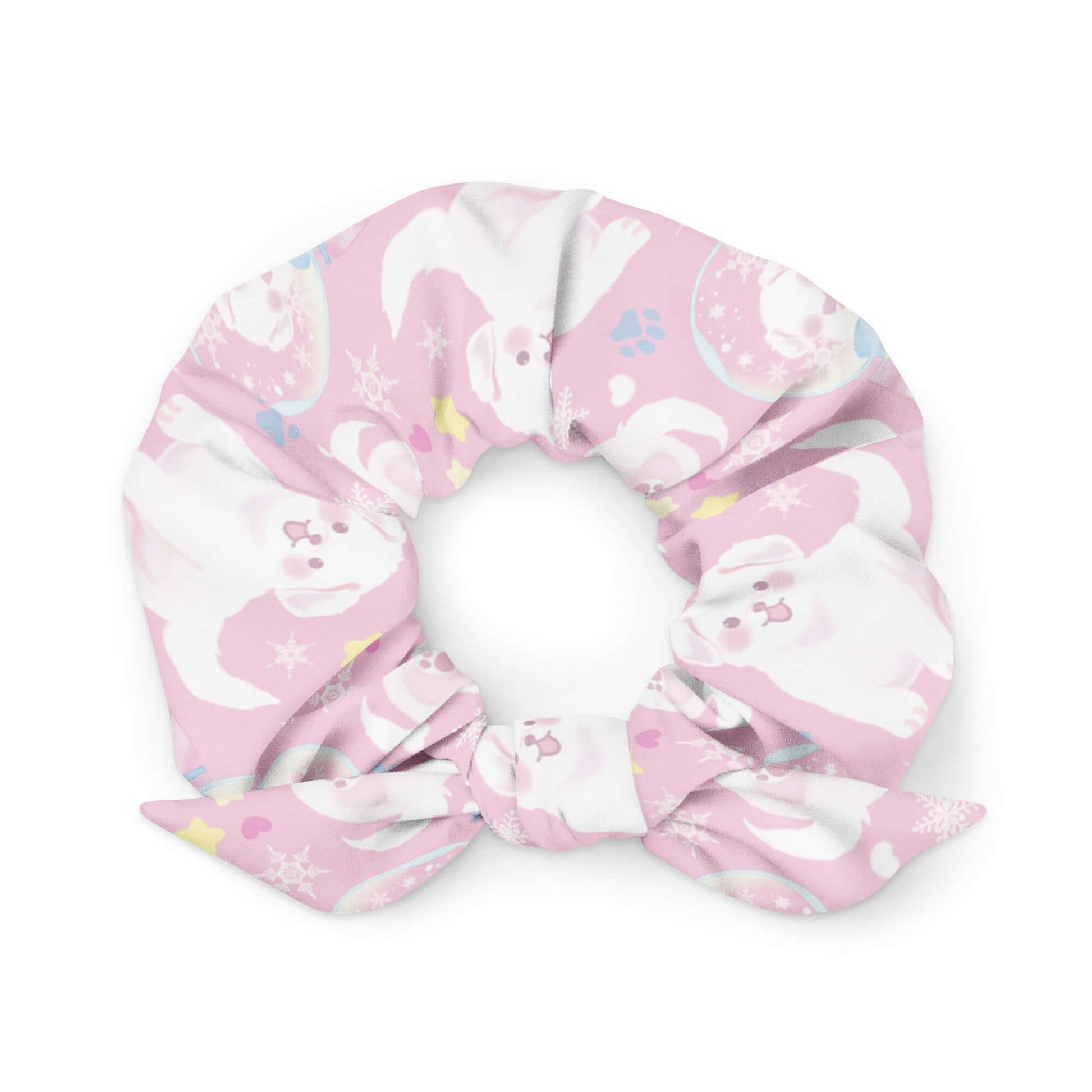 Stylish Snow Puppy Scrunchie features cute puppies, perfect for adding charm to any pastel outfit or hairstyle.