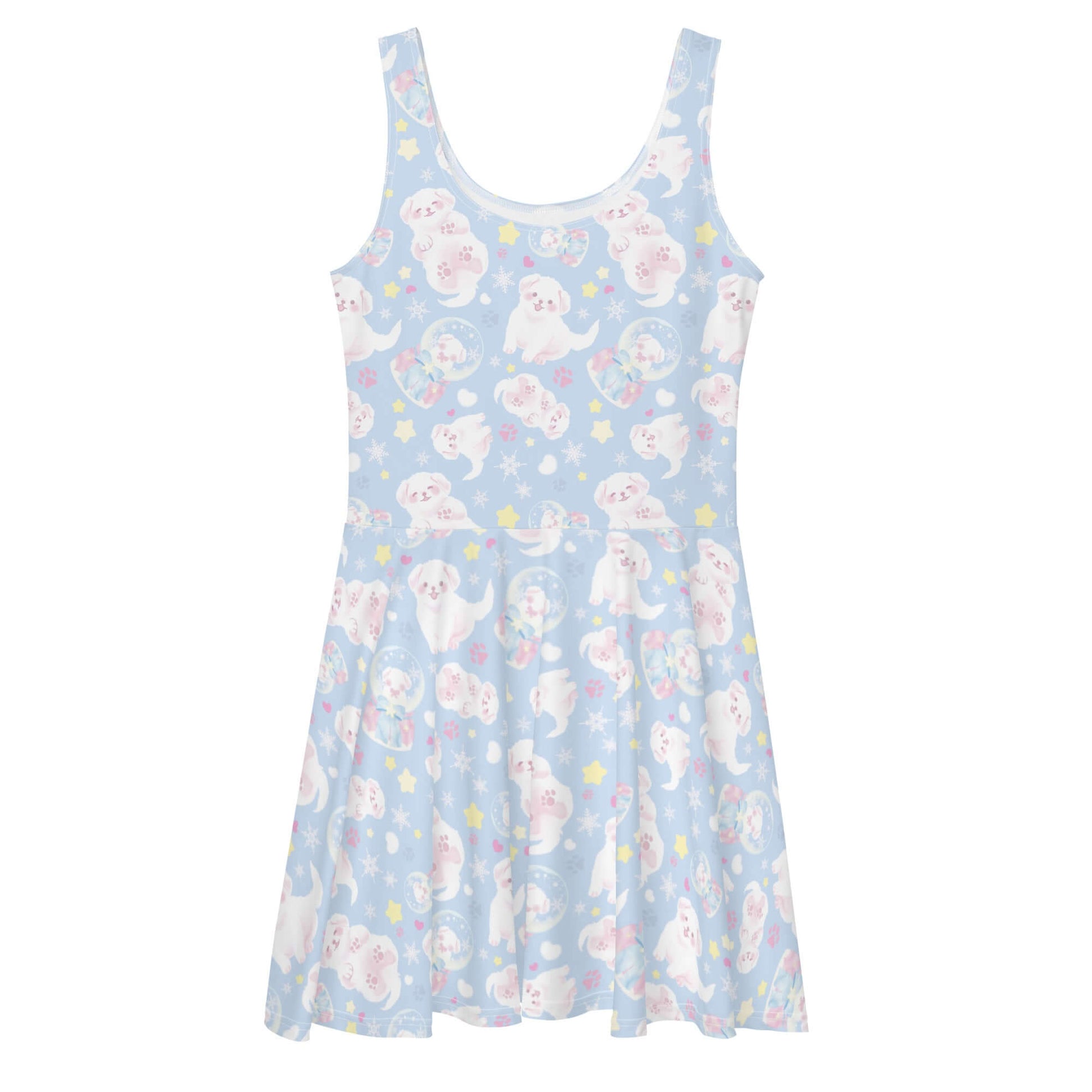 Playful Snow Puppy Skater Dress features fluffy puppies on a soft flared skirt, perfect for a fun and girly look.