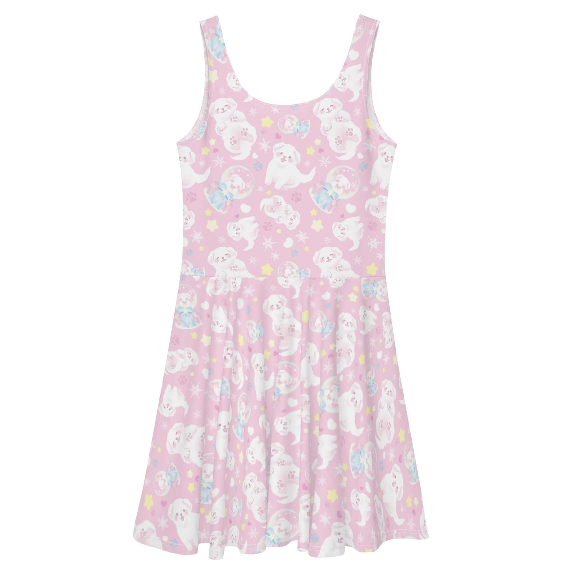 Playful Snow Puppy Skater Dress featuring fluffy puppies, perfect for a fun and girly wardrobe addition.