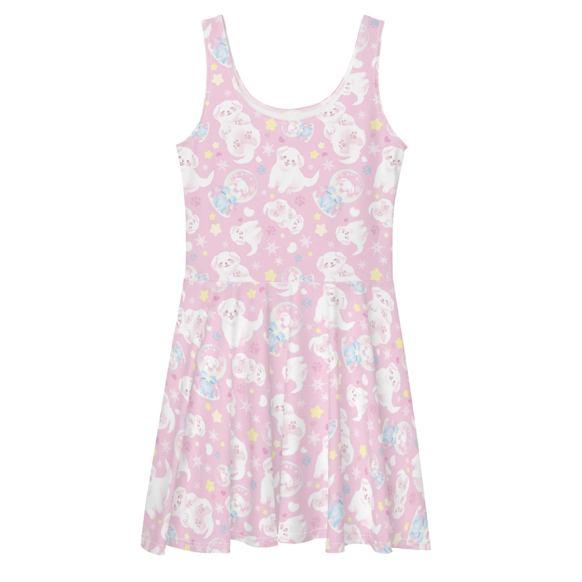 Cute Snow Puppy Skater Dress with fluffy puppy prints, perfect for a playful and comfy wardrobe update.