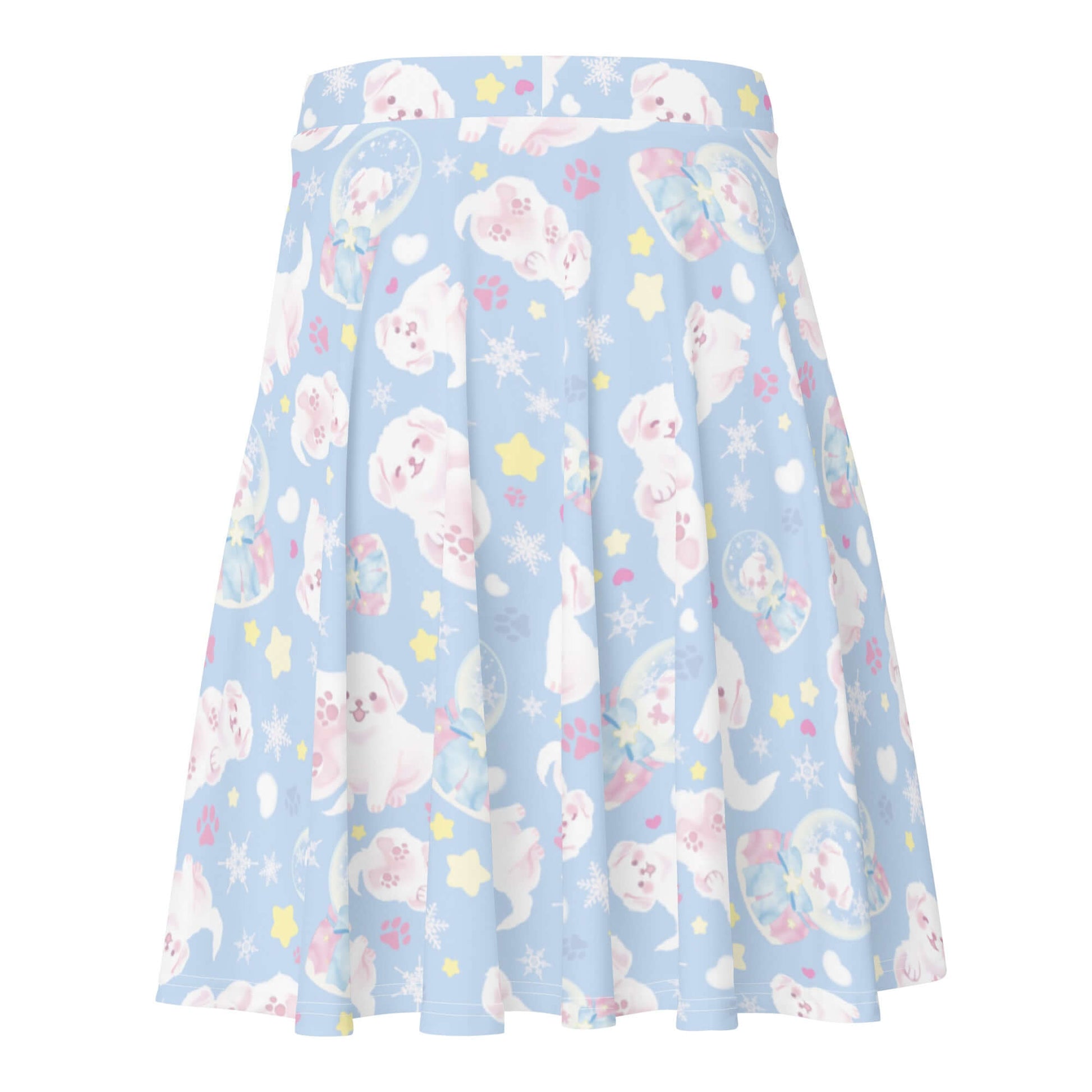 Flattering Snow Puppy Skater Skirt features adorable puppies on a pastel blue background, perfect for any outfit.