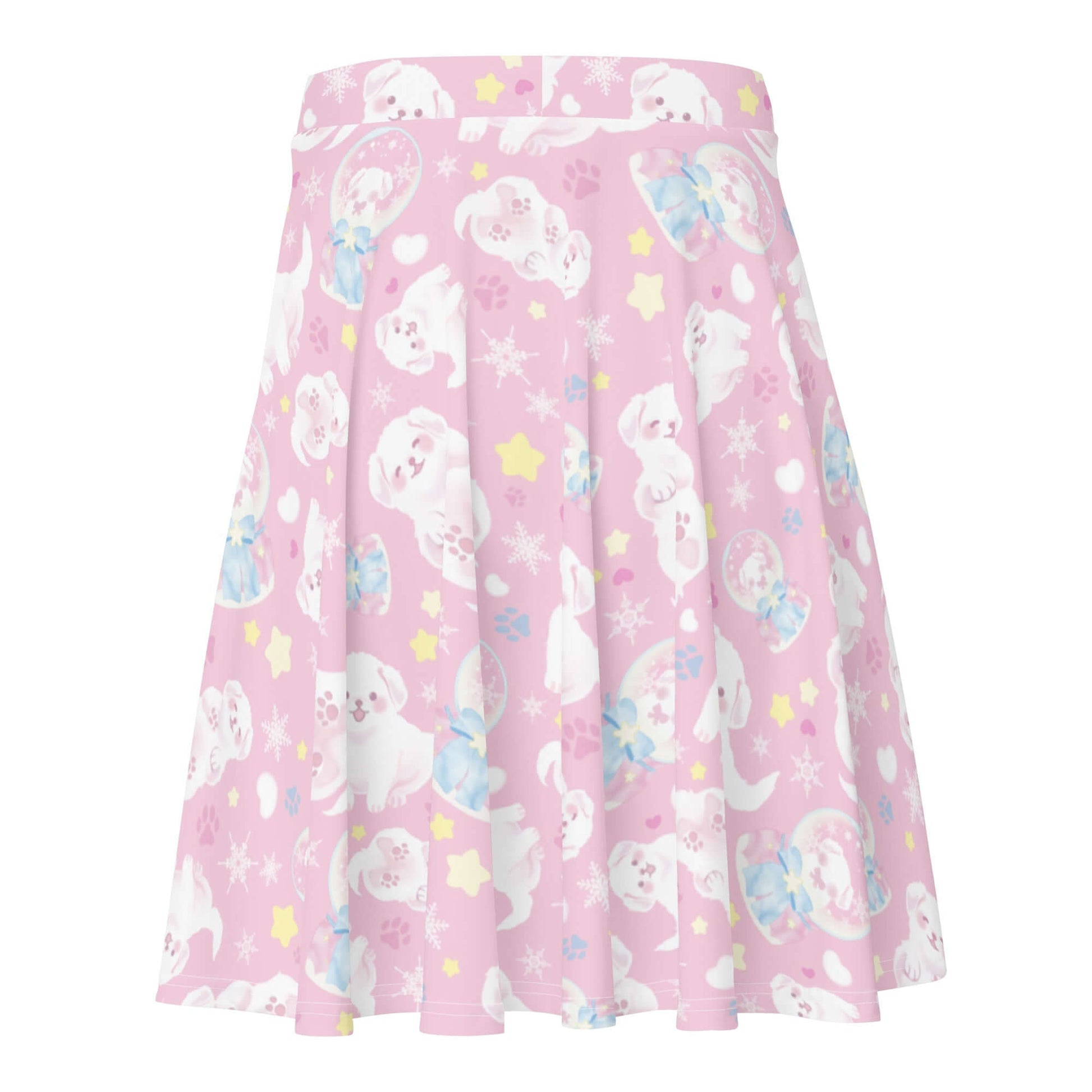 Flattering Snow Puppy Skater Skirt featuring adorable puppies, perfect for a pastel outfit or casual wear.