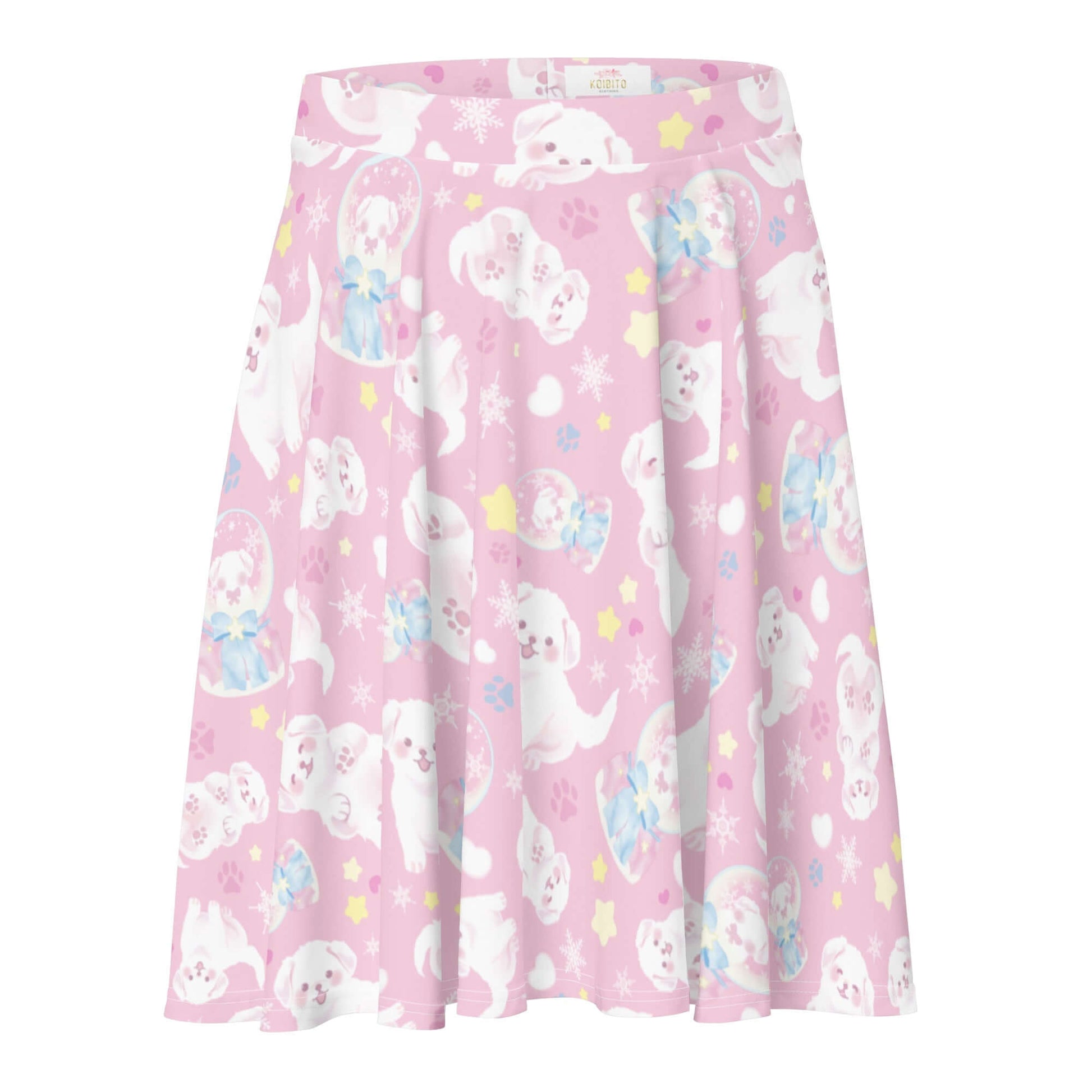 Snow Puppy Skater Skirt features adorable puppies on a pastel pink background, perfect for any fun outfit.