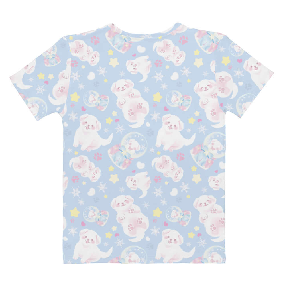 Snow Puppy T-shirt featuring a cute all-over print, perfect for lounging or gym use with soft, durable fabric.