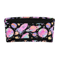 Colorful space-themed bandeau bikini top with planets, rockets, and stars on a black background.