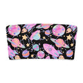 Colorful space-themed bandeau bikini top featuring planets and rockets against a black background.