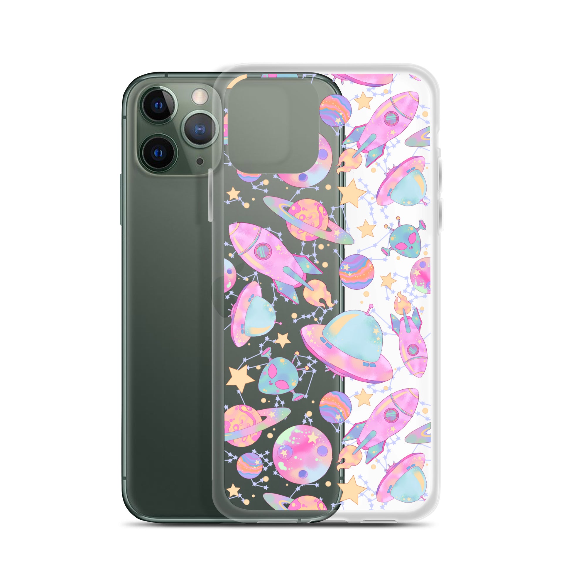 Sleek Space iPhone® Clear Case featuring vibrant space-themed designs to protect your device in style.