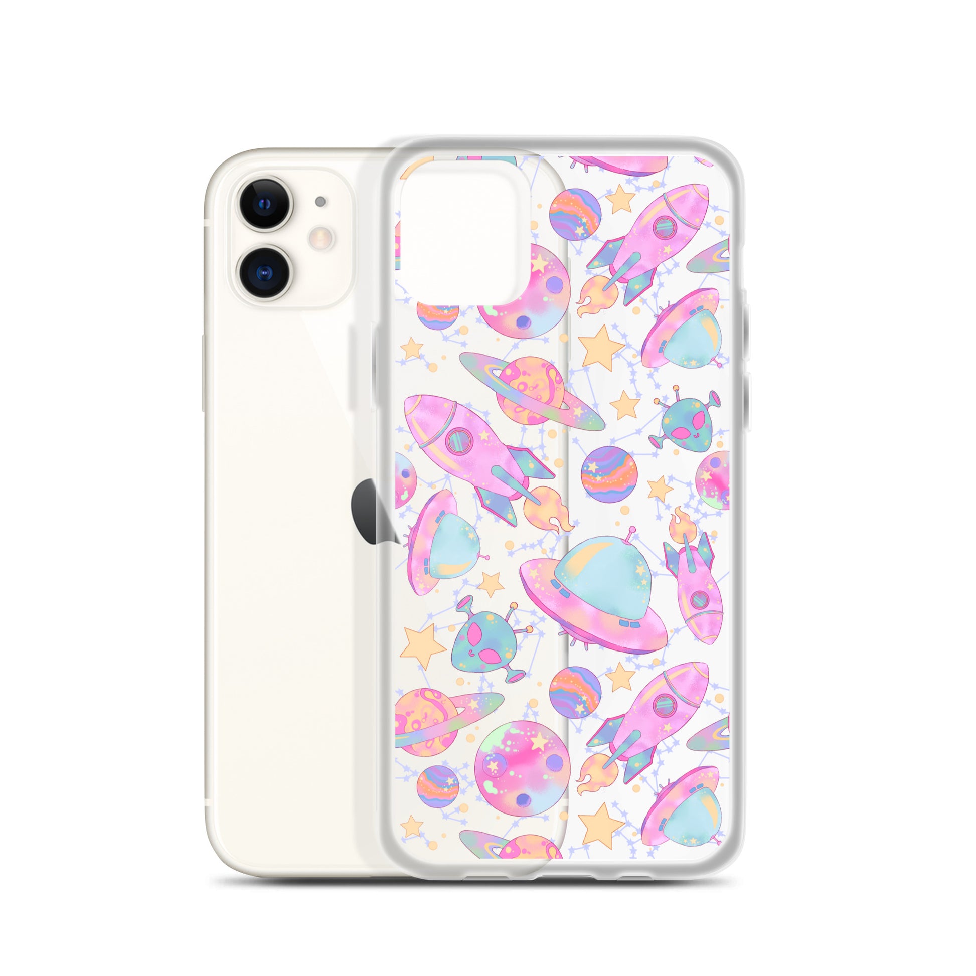 Stylish Space iPhone® Clear Case features a vibrant space print, protecting your device from scratches and dirt.