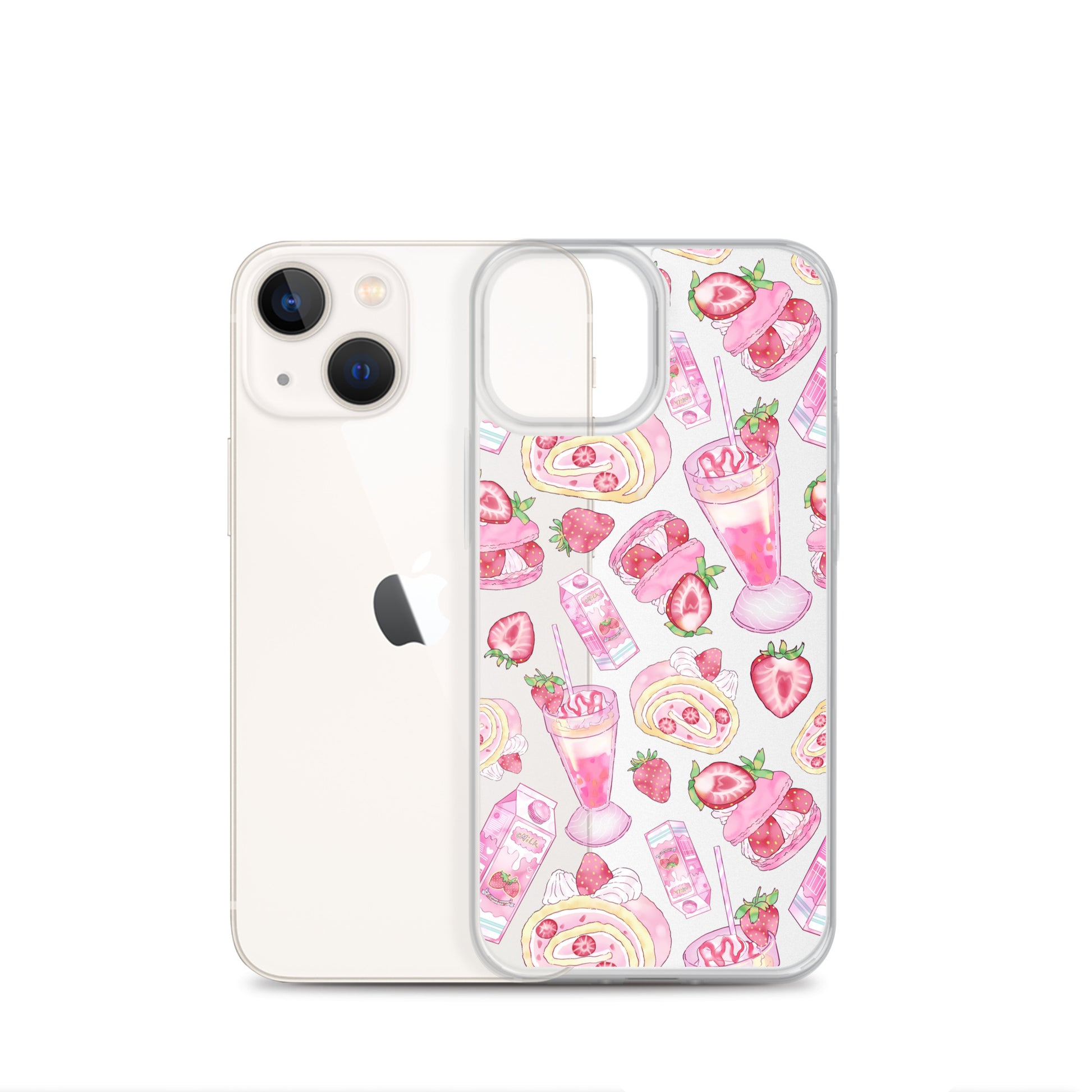 Stylish Strawberry iPhone® Clear Case featuring dessert patterns, offering sleek protection and vibrant aesthetics.