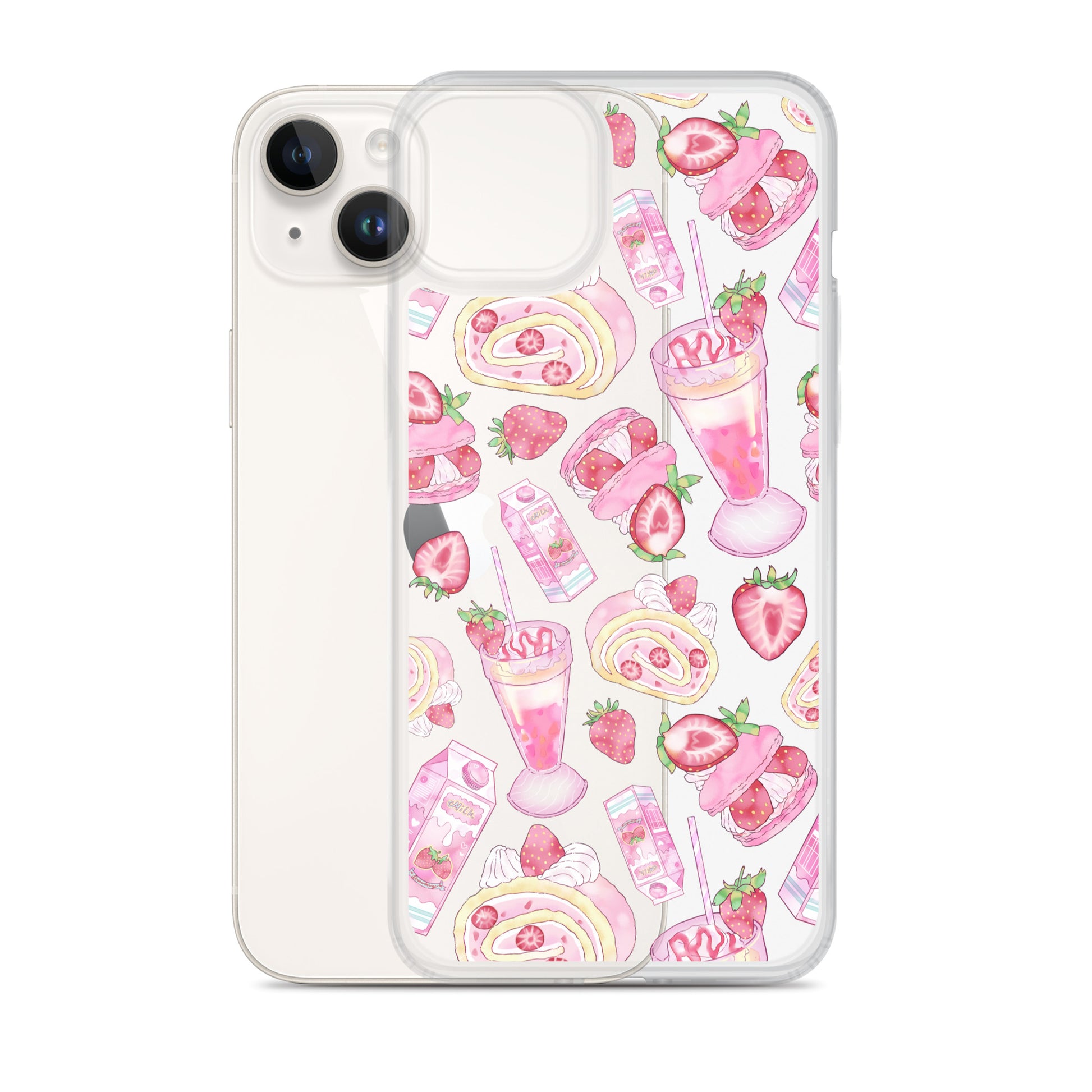 Sleek Strawberry iPhone® Clear Case featuring a fun dessert pattern in pink and transparent for stylish protection.