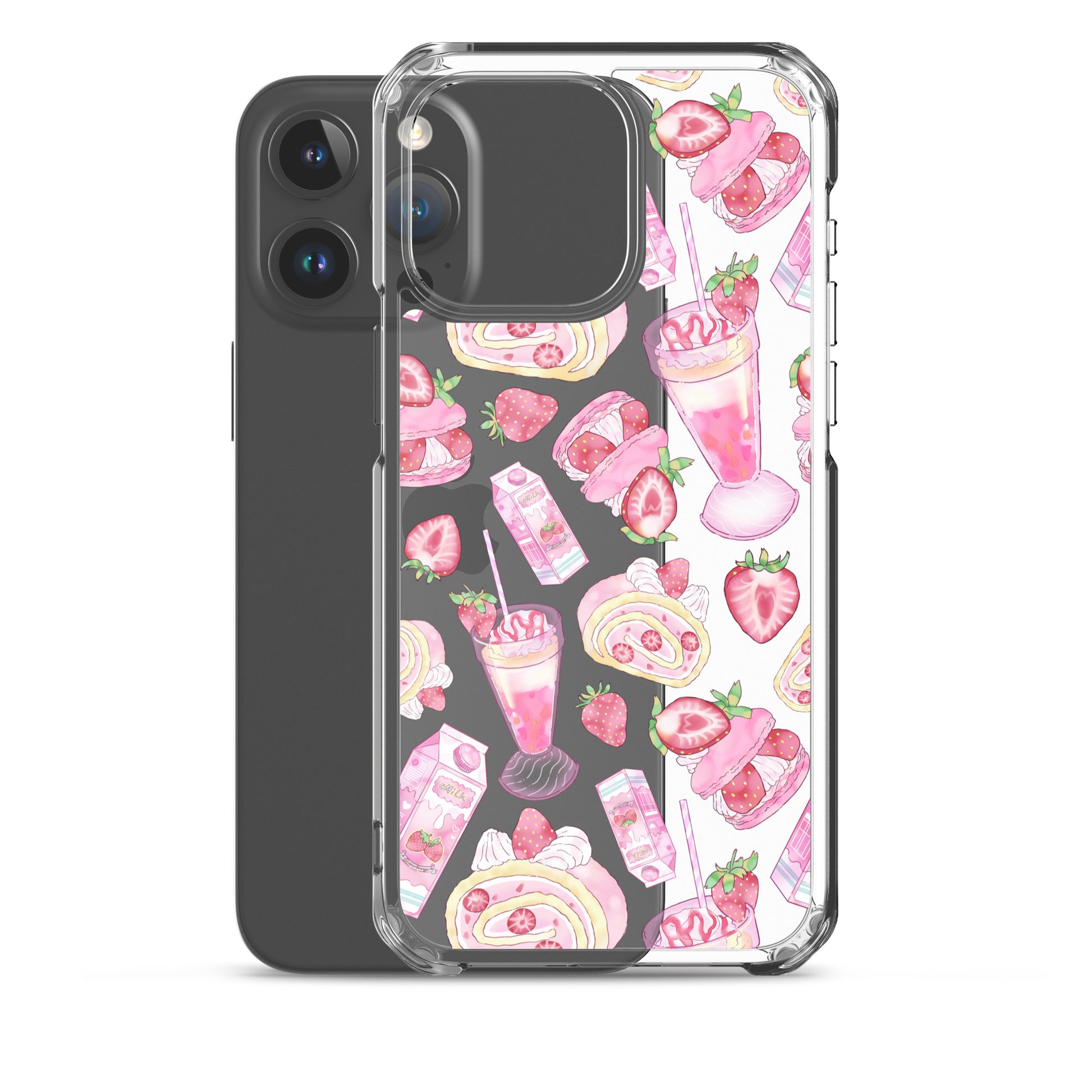 Stylish Strawberry iPhone® Clear Case featuring dessert patterns, offering protection and flair for your device.