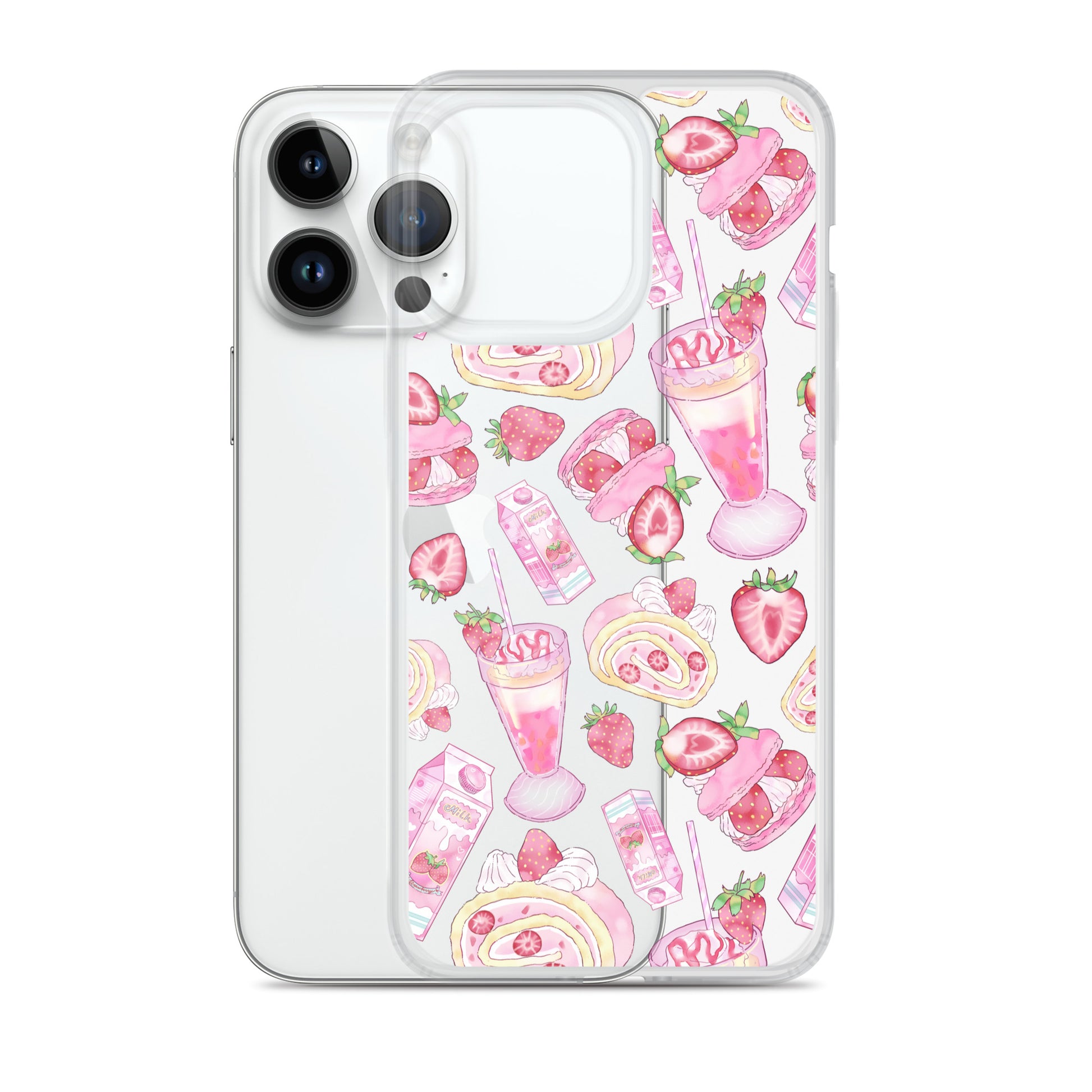 Colorful Strawberry iPhone® Clear Case with dessert designs, perfect for protection and style. Available in pink and black.