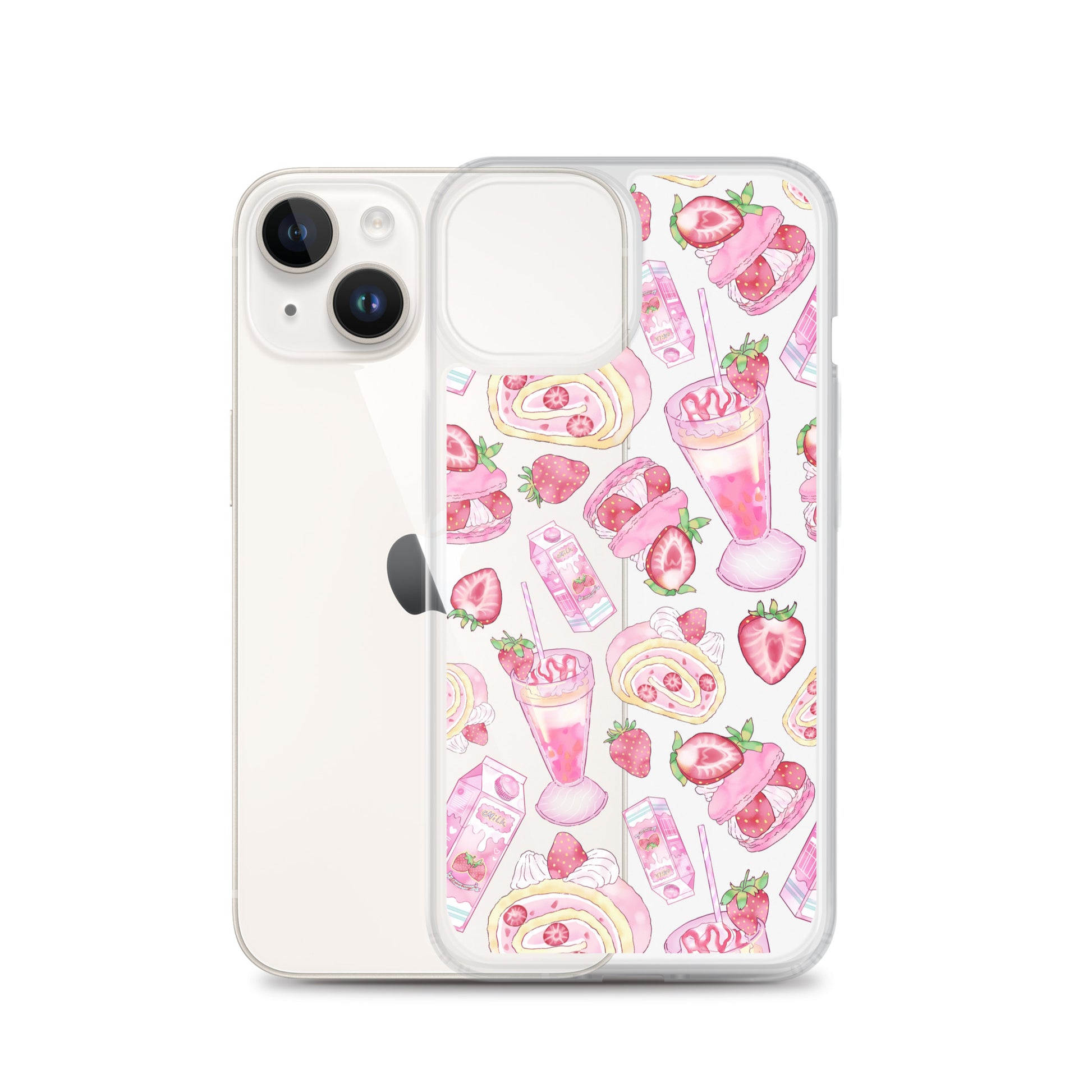 Stylish Strawberry iPhone® Clear Case featuring fun dessert patterns for trendy protection and style.