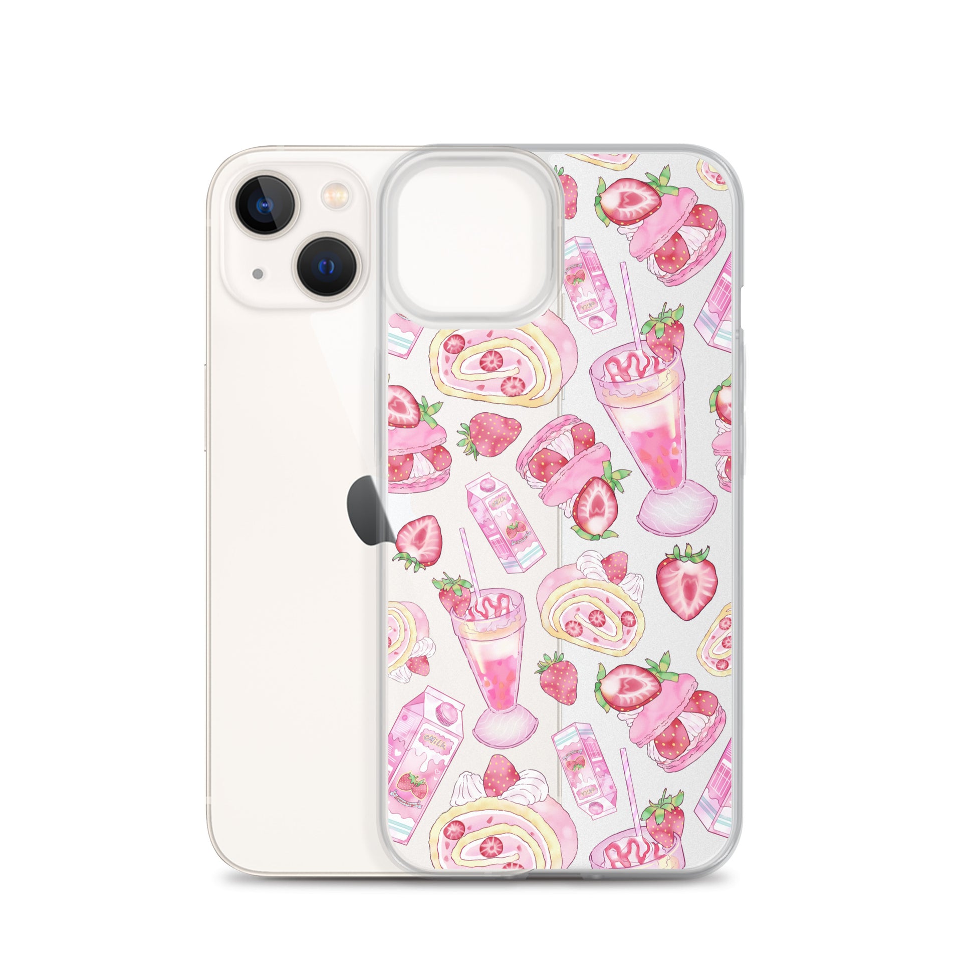 Sleek Strawberry iPhone® Clear Case featuring a fun dessert pattern, perfect for style and protection.
