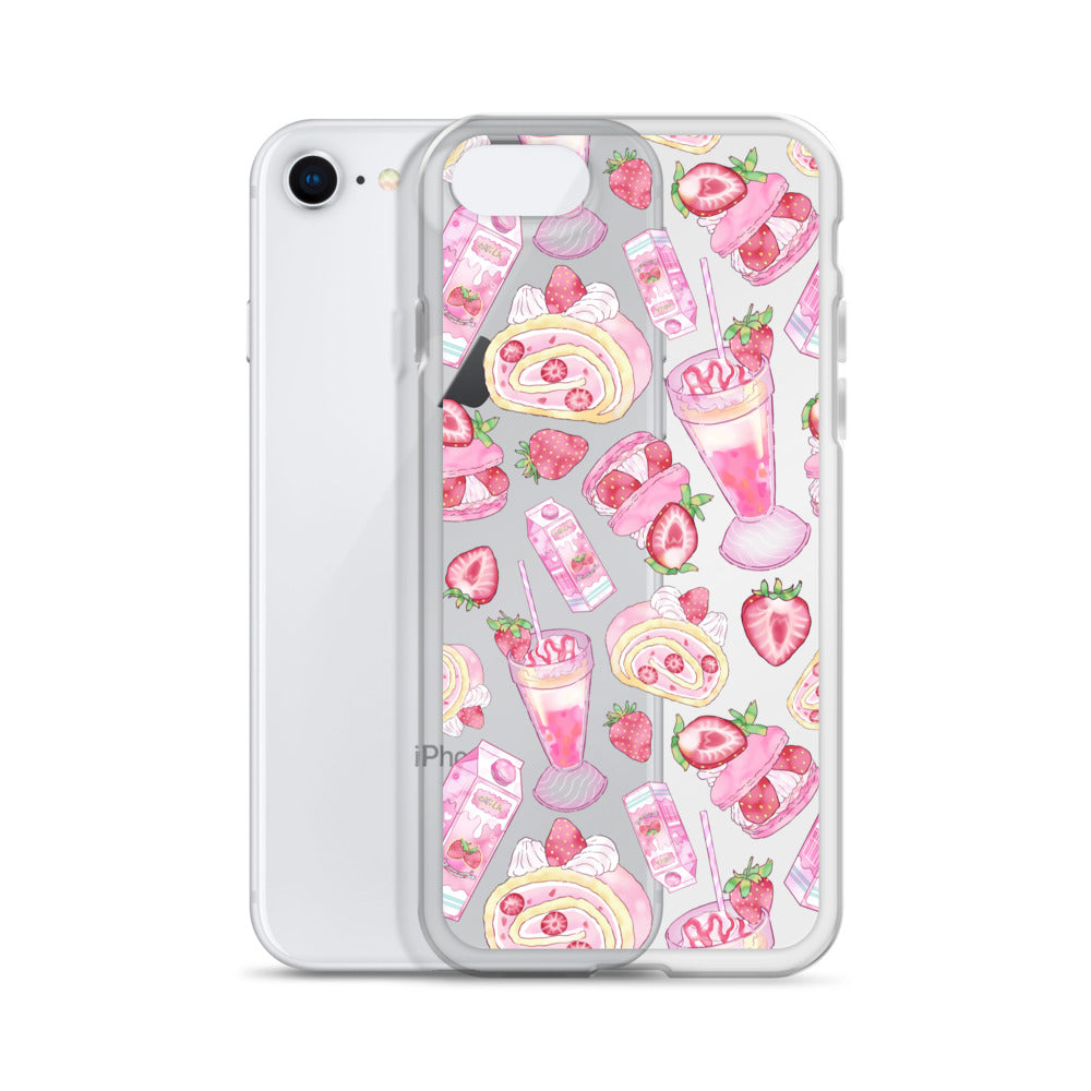 Stylish Strawberry iPhone® Clear Case featuring fun dessert designs, perfect for protecting your phone with flair.