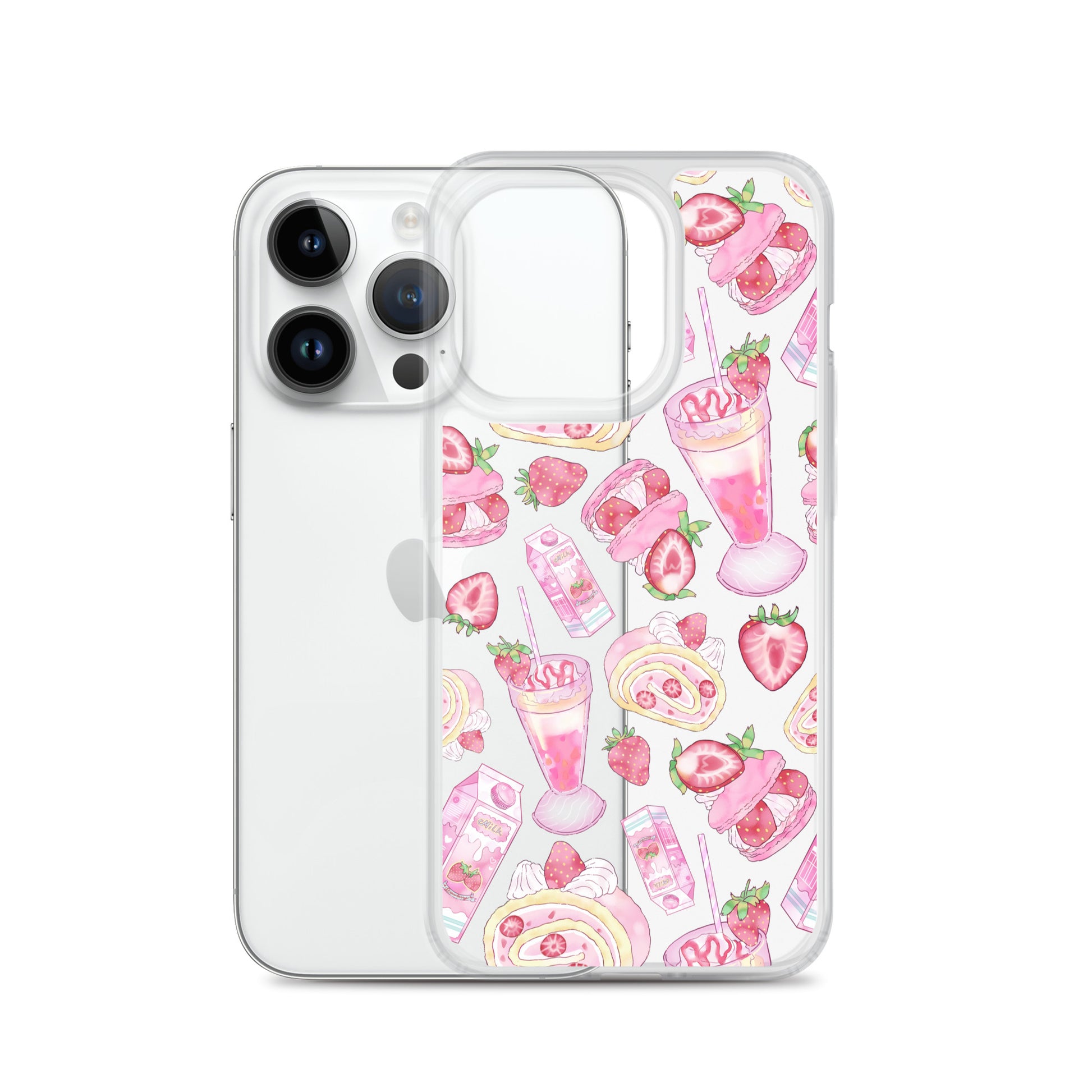 Stylish Strawberry iPhone® Clear Case featuring a fun pink dessert pattern, perfect for protecting your phone.