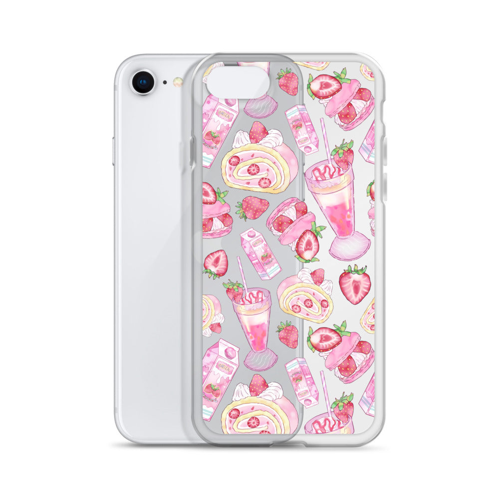 Stylish Strawberry iPhone® Clear Case featuring pink dessert patterns, perfect for protection and aesthetics.