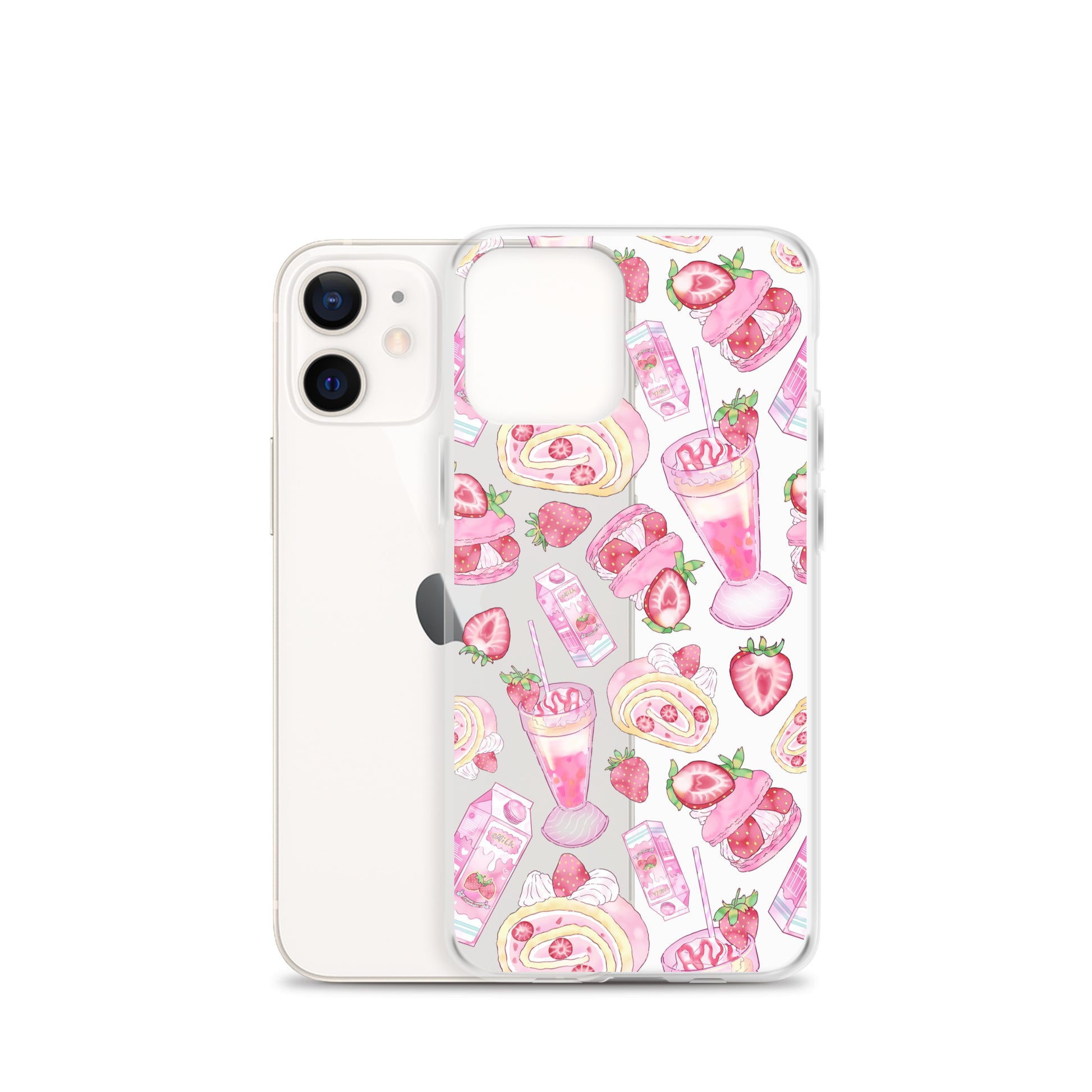 Colorful Strawberry iPhone® Clear Case featuring delightful pink desserts, perfect for stylish protection and aesthetics.