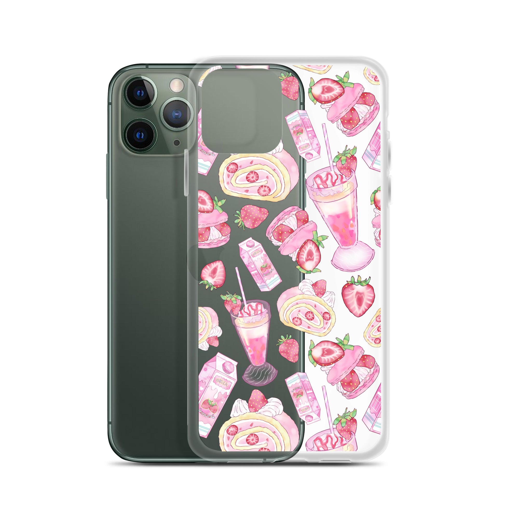 Stylish Strawberry iPhone® Clear Case showcases vibrant dessert designs, perfect for protection and aesthetic appeal.