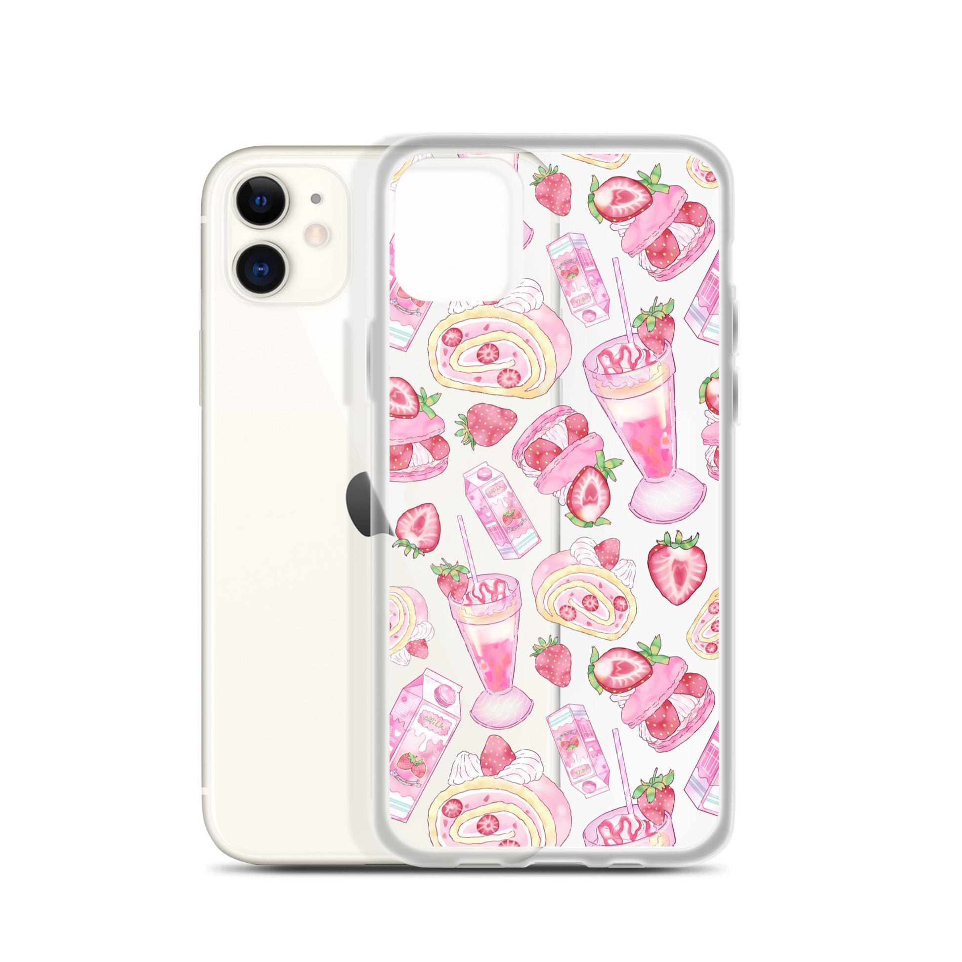 Stylish Strawberry iPhone® Clear Case featuring dessert designs, offering sleek protection in pink, black, and transparent.