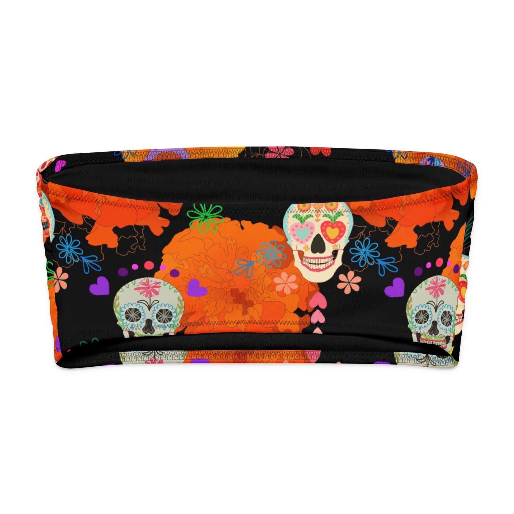 Colorful sugar skull bandeau bikini top featuring vibrant patterns and floral accents, perfect for summer fun.
