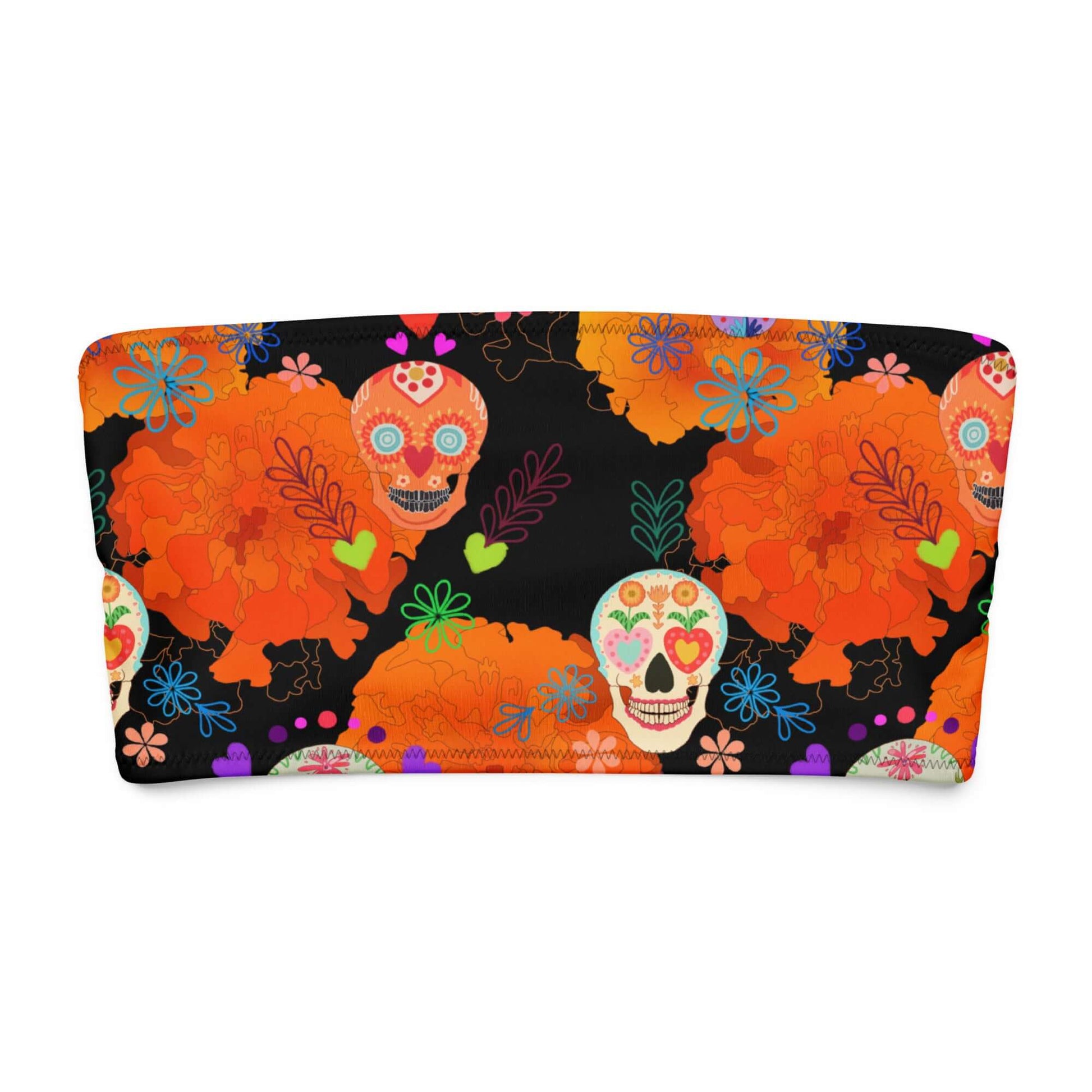 Colorful Sugar Skull bandeau bikini top with vibrant floral patterns on a black background.