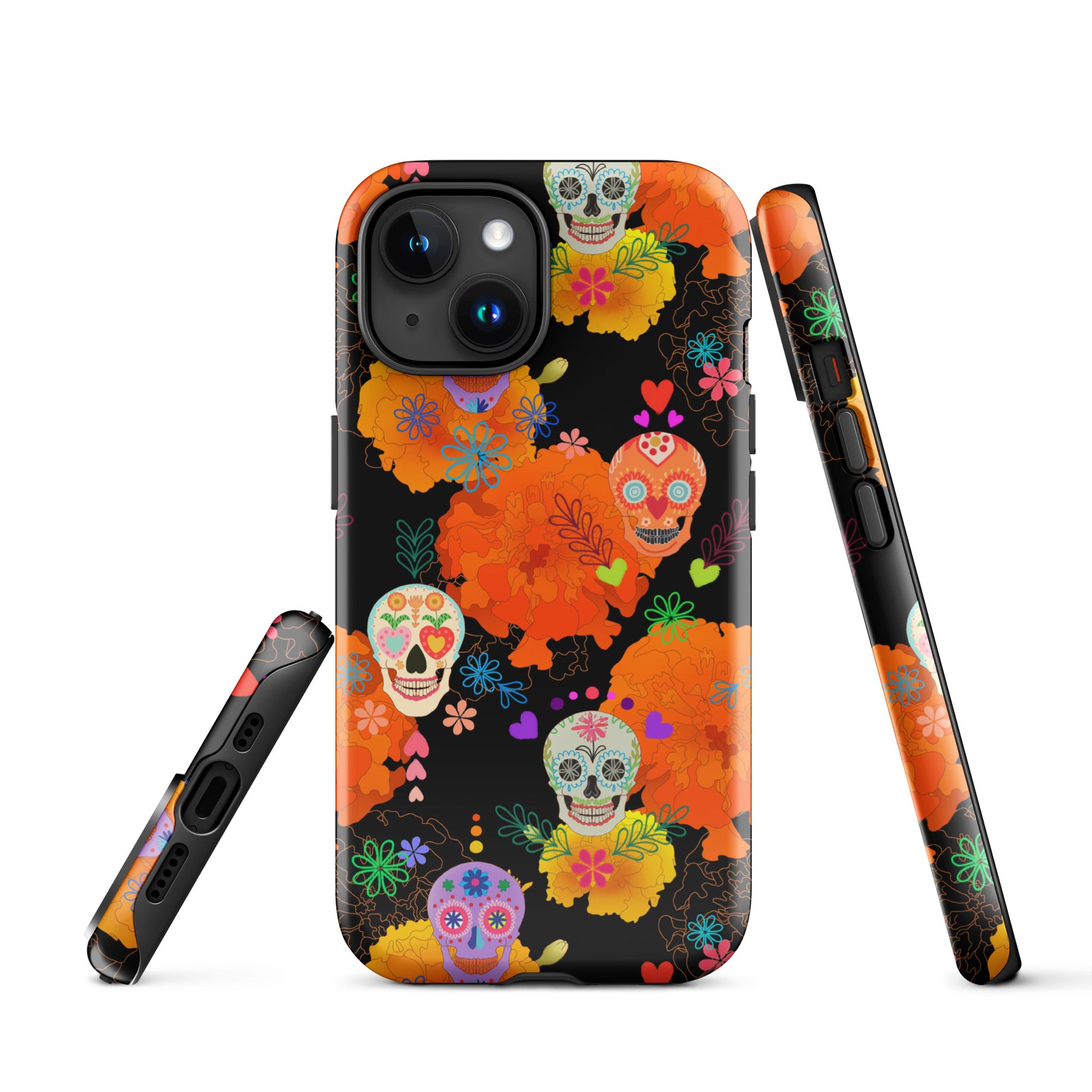 Colorful Sugar Skull iPhone® Tough Case featuring durable dual-layer protection and stylish design for year-round safety.