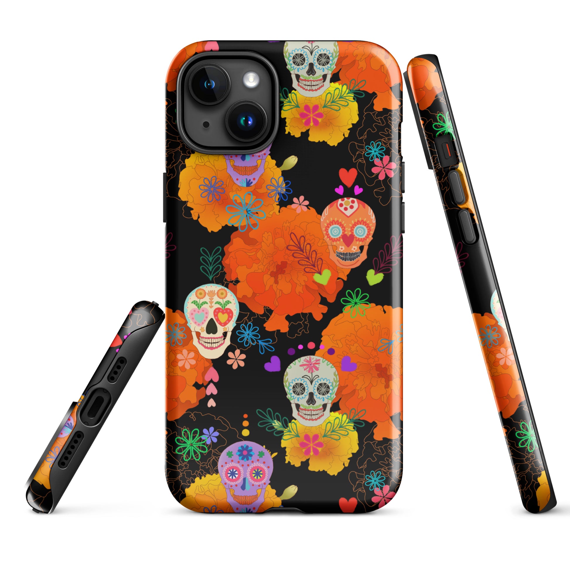 Colorful Sugar Skull iPhone® Tough Case featuring durable dual layers for stylish protection and impact absorption.
