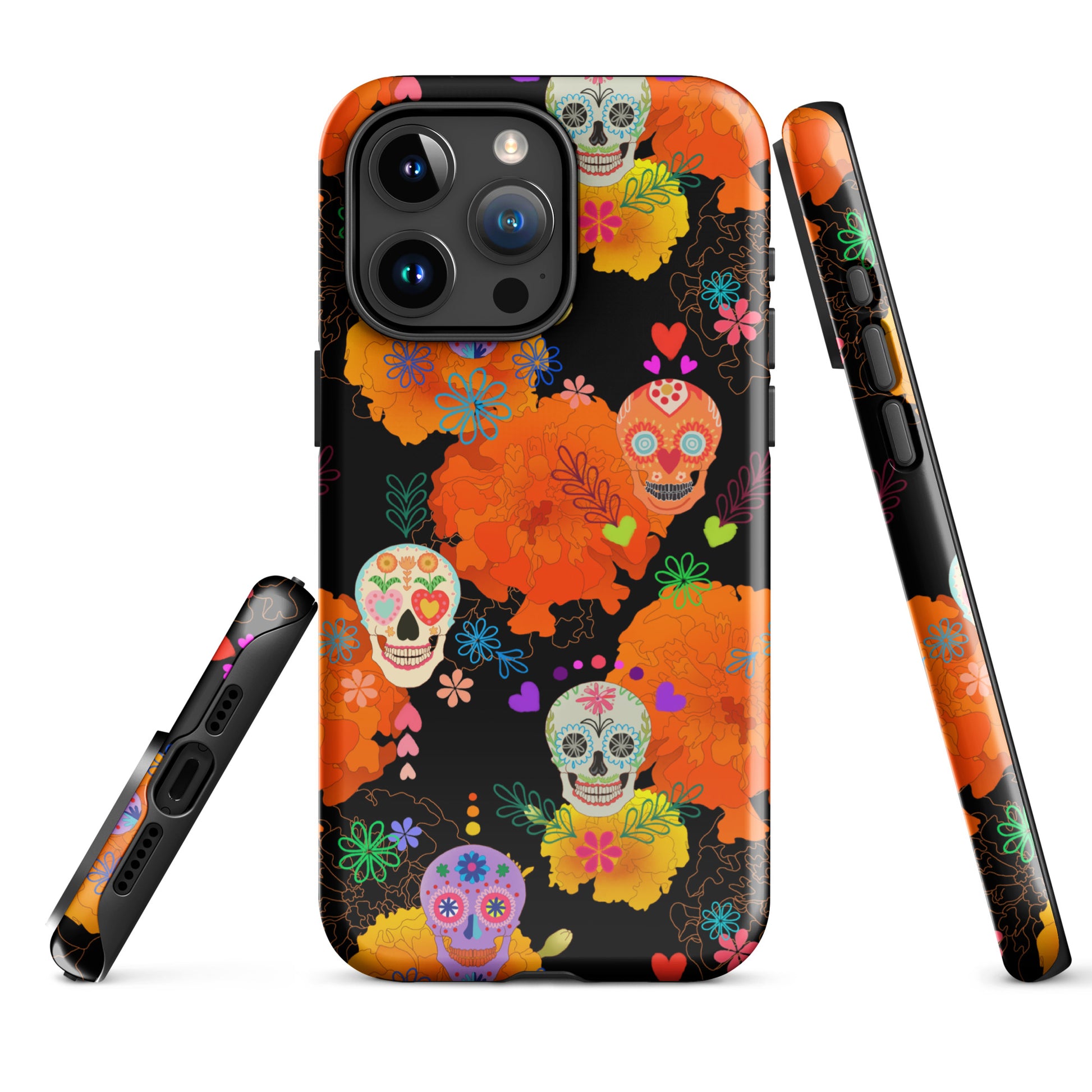 Colorful Sugar Skull iPhone® Tough Case featuring floral designs, offering stylish protection for your device.