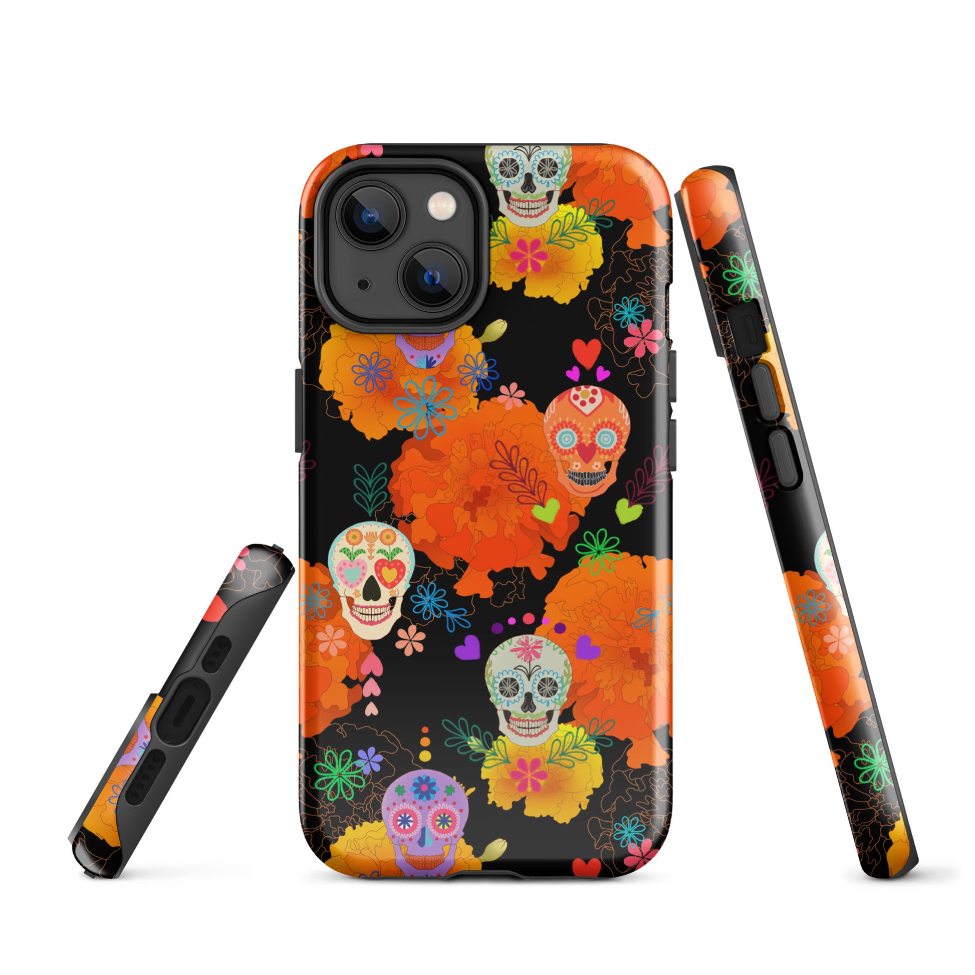 Colorful Sugar Skull iPhone® Tough Case showcasing vibrant designs and dual-layer protection for stylish phone safety.