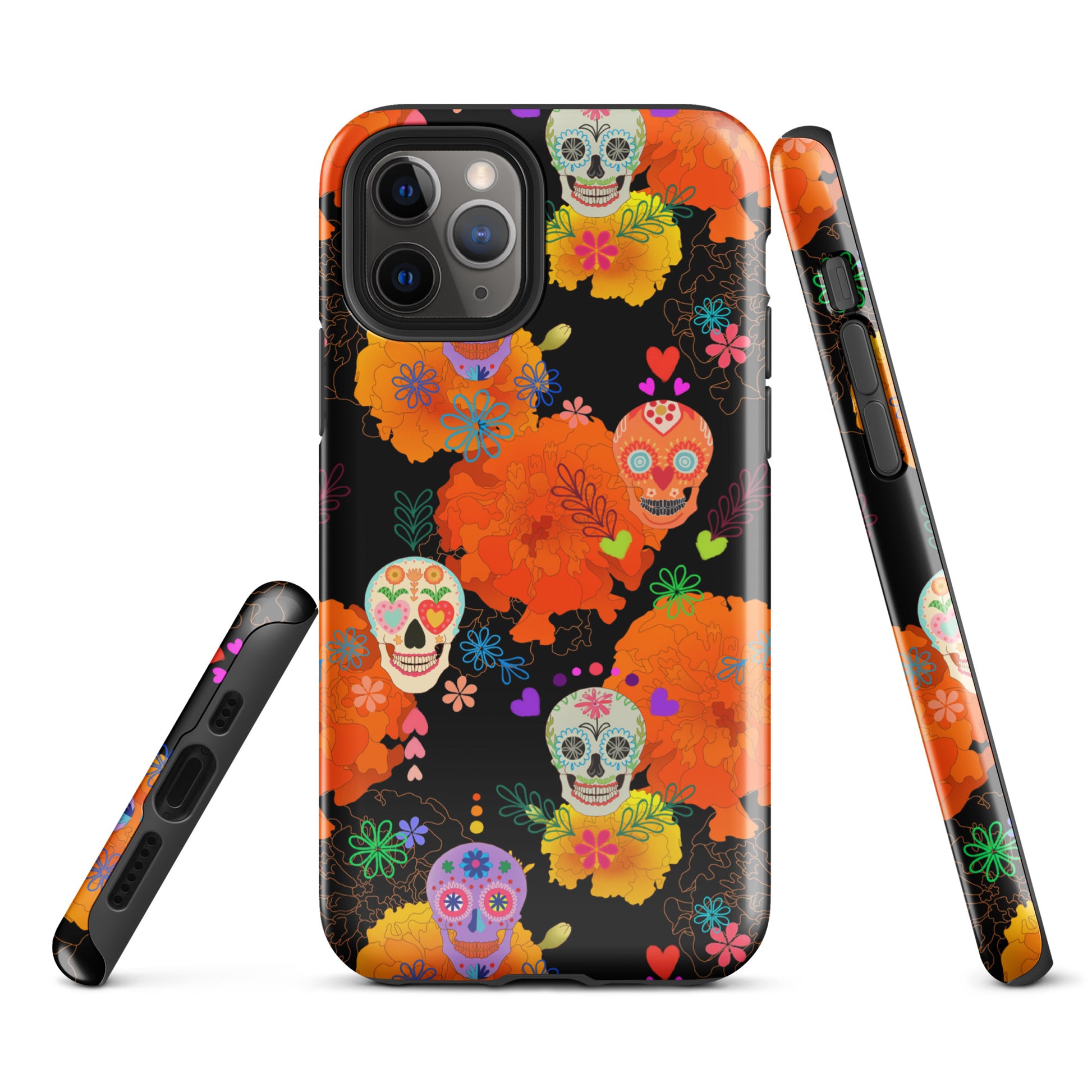 Stylish Sugar Skull iPhone® Tough Case featuring vibrant designs and dual-layer protection for year-round safety.