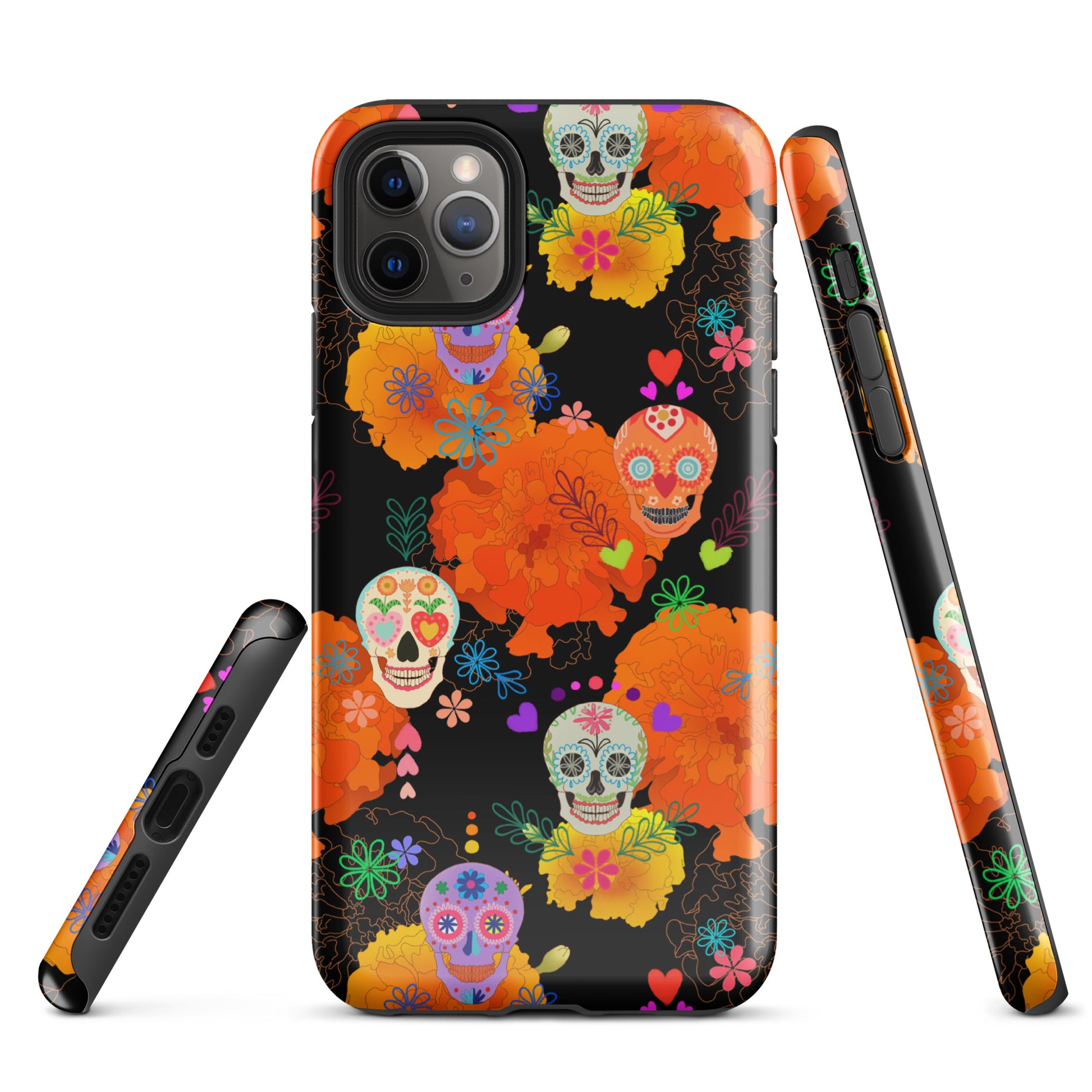 Colorful Sugar Skull iPhone® Tough Case featuring durable dual-layer design for stylish phone protection.