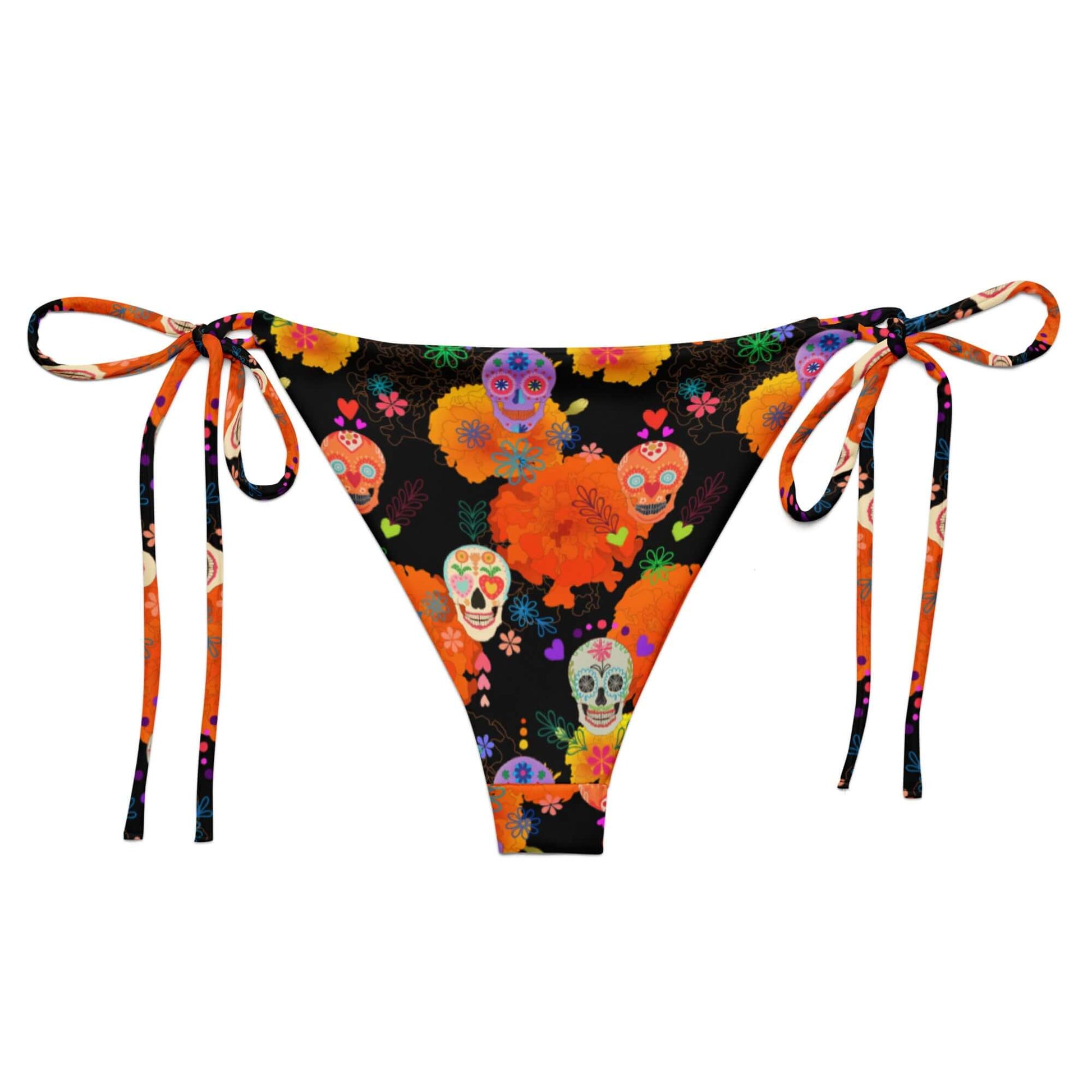 Bright and vibrant Sugar Skull String Bikini Bottom, perfect for summer poolside lounging with adjustable ties.